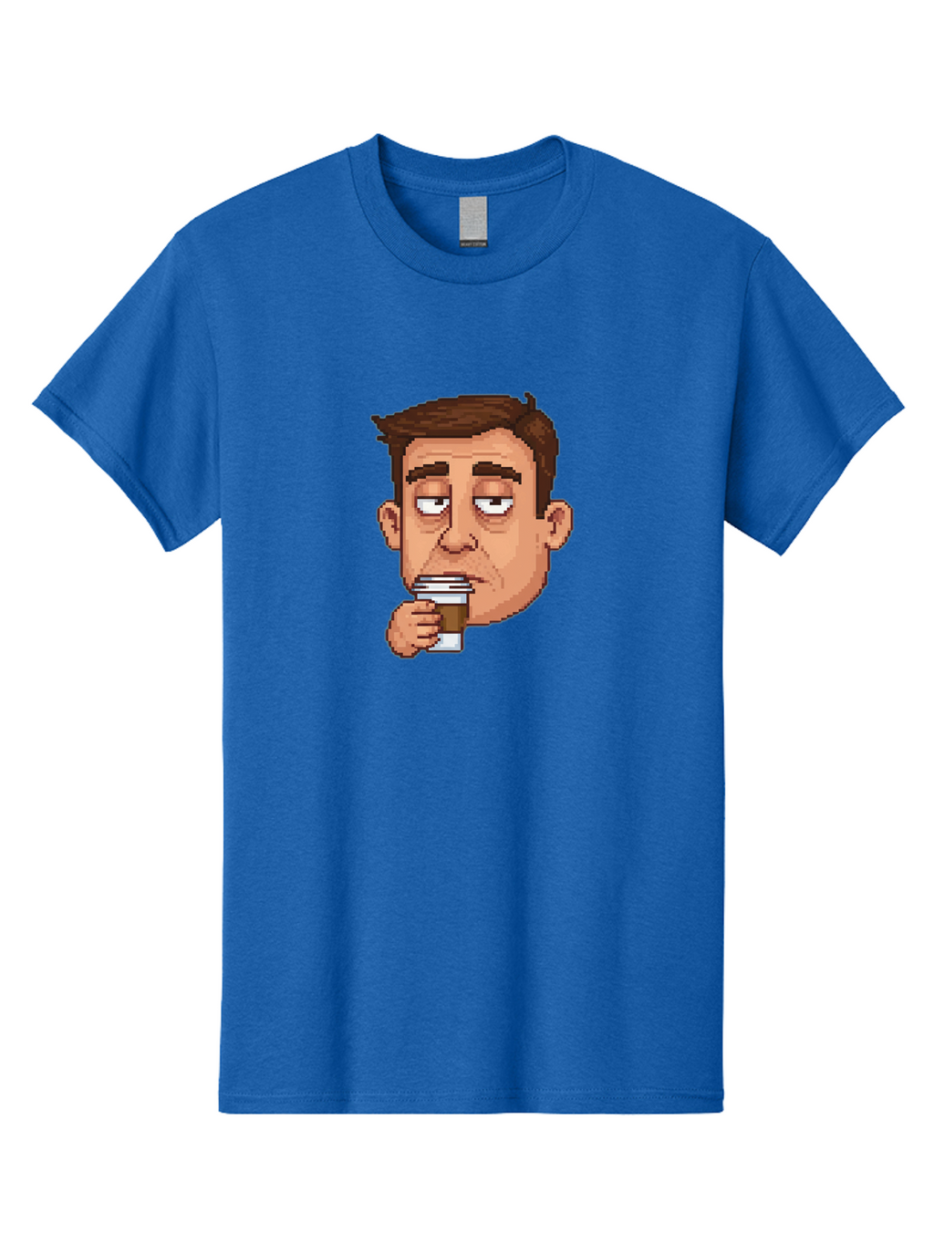 Man-Drinking-Coffee Men'S Graphic Tee, 100% Cotton, Comfortable Casual Summer Wear, Machine Washable, Cartoon Man, Pixel Art, Coffee Cup, Morning Routine, Daily Grind, Coffee Lover, Relaxed Atmosphere, Pixelated Character Bac127