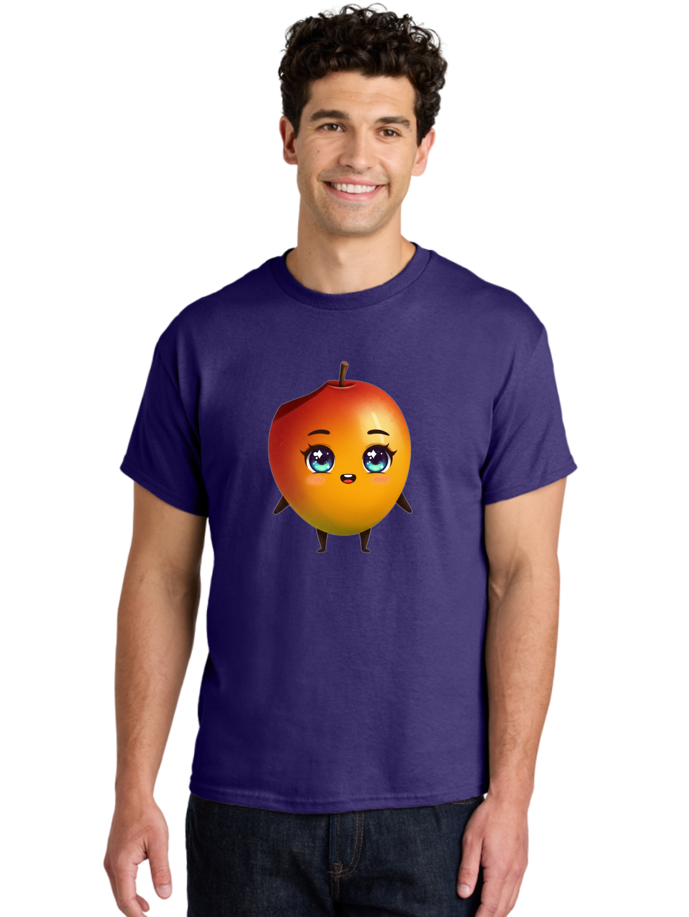 Mango-1 Men'S Graphic Tee, 100% Cotton, Comfortable Casual Summer Wear, Machine Washable, Cartoon Apple, Kawaii Fruit, Adorable Character, Big Eyes, Sweet Expression, Playful Design, Vibrant Colors, Fun Illustration, Kawaii Art Bac128