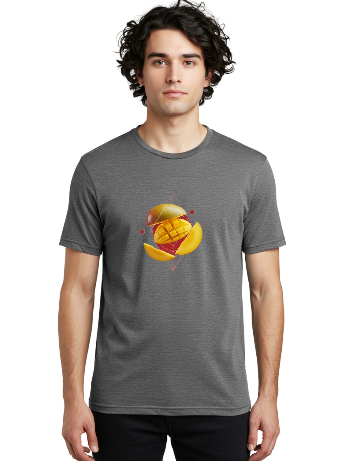 Mango-2 Men'S Graphic Tee, 100% Cotton, Comfortable Casual Summer Wear, Machine Washable, Mango Fruit, Sliced Mango, Yellow Fruit, Tropical Flavors, Juicy Texture, Fruit Arrangement, Geometric Shapes, Fresh Produce, Healthy Snack Bac129
