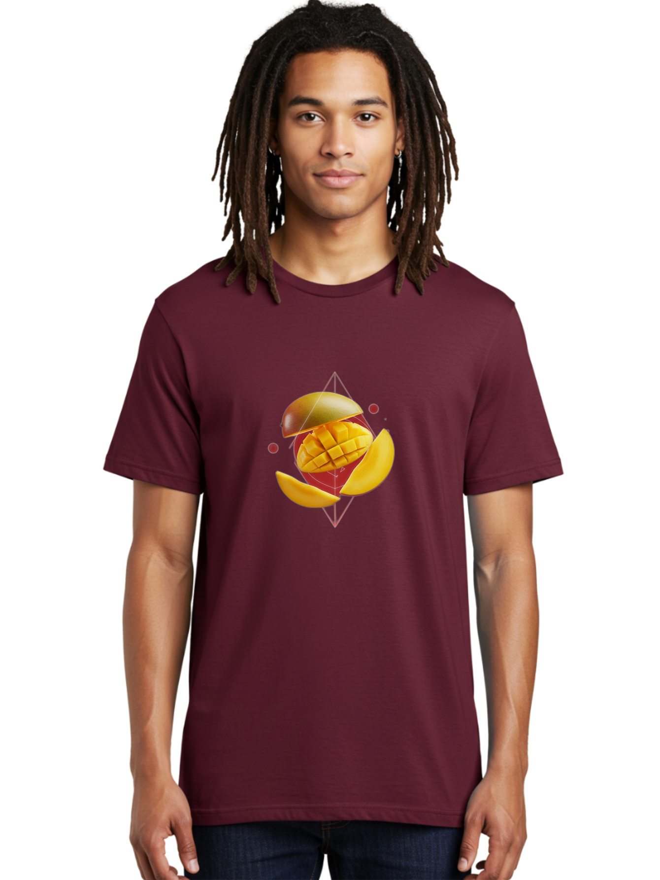 Mango-2 Men'S Graphic Tee, 100% Cotton, Comfortable Casual Summer Wear, Machine Washable, Mango Fruit, Sliced Mango, Yellow Fruit, Tropical Flavors, Juicy Texture, Fruit Arrangement, Geometric Shapes, Fresh Produce, Healthy Snack Bac129