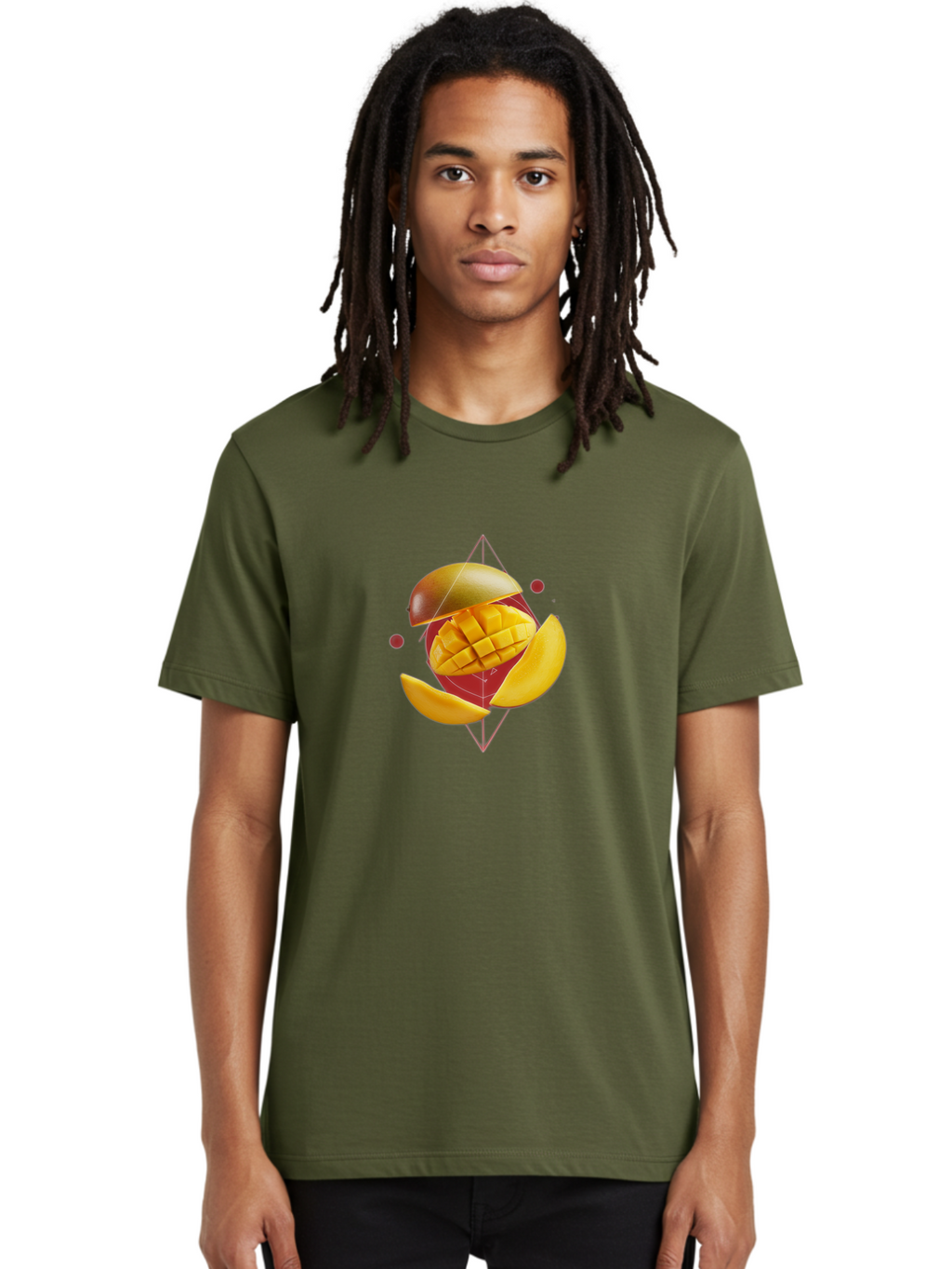 Mango-2 Men'S Graphic Tee, 100% Cotton, Comfortable Casual Summer Wear, Machine Washable, Mango Fruit, Sliced Mango, Yellow Fruit, Tropical Flavors, Juicy Texture, Fruit Arrangement, Geometric Shapes, Fresh Produce, Healthy Snack Bac129