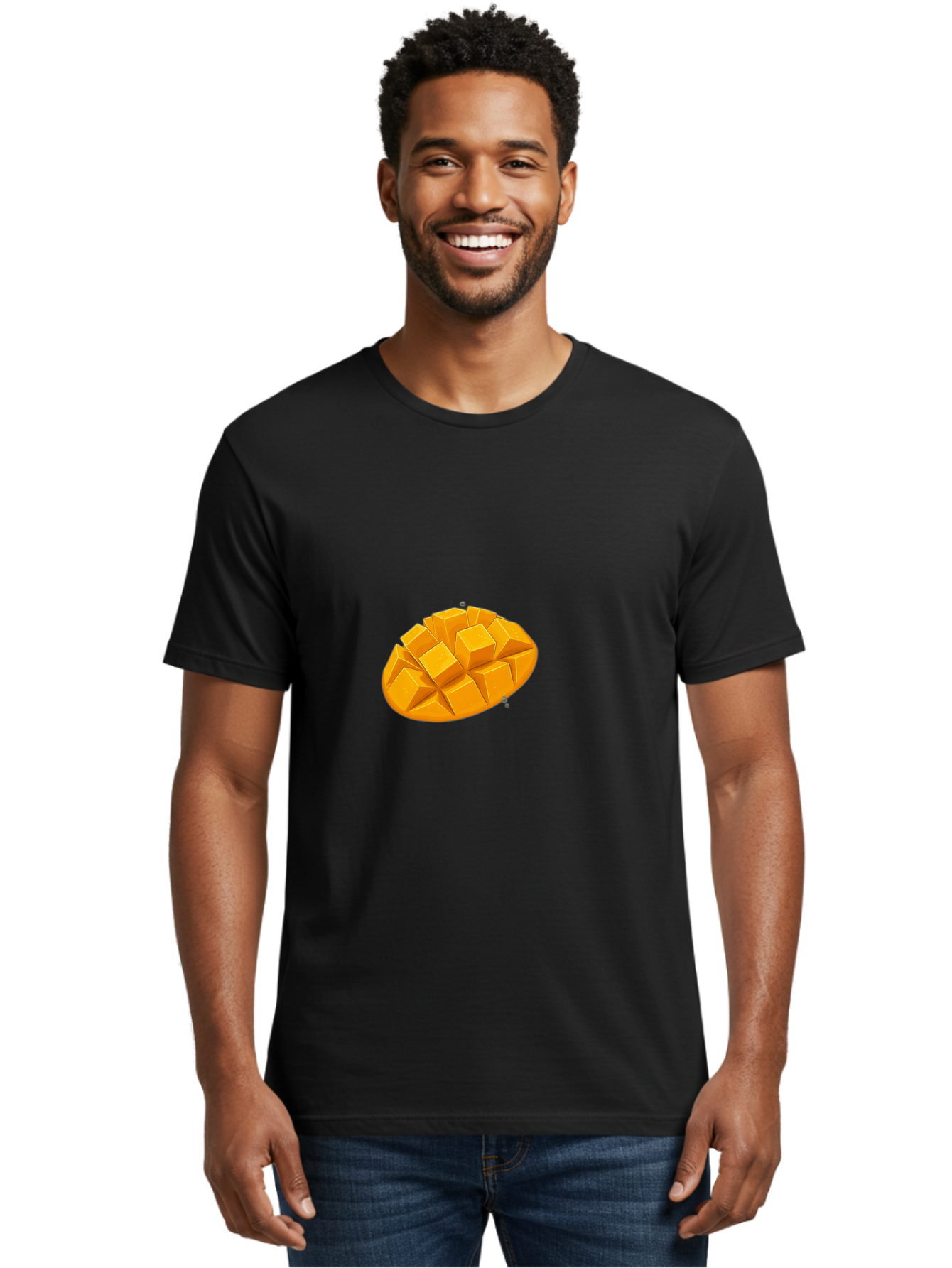 Mango-3 Men'S Graphic Tee, 100% Cotton, Comfortable Casual Summer Wear, Machine Washable, Cubed Mango, Diced Mango, Mango Fruit, Orange Fruit, 3D Illustration, Mango Chunks, Vibrant Orange, Fruit Graphic, Food Illustration Bac130