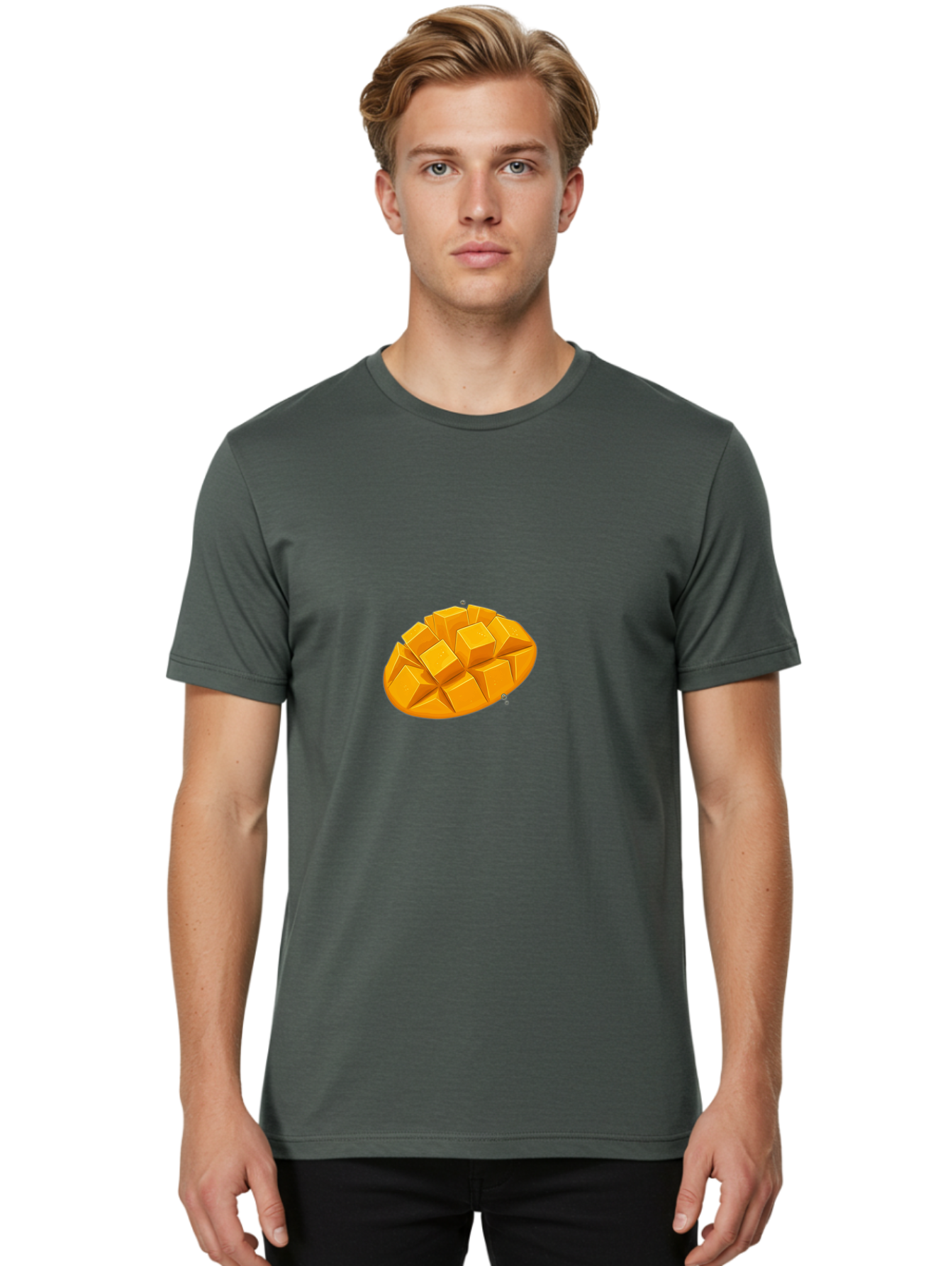 Mango-3 Men'S Graphic Tee, 100% Cotton, Comfortable Casual Summer Wear, Machine Washable, Cubed Mango, Diced Mango, Mango Fruit, Orange Fruit, 3D Illustration, Mango Chunks, Vibrant Orange, Fruit Graphic, Food Illustration Bac130
