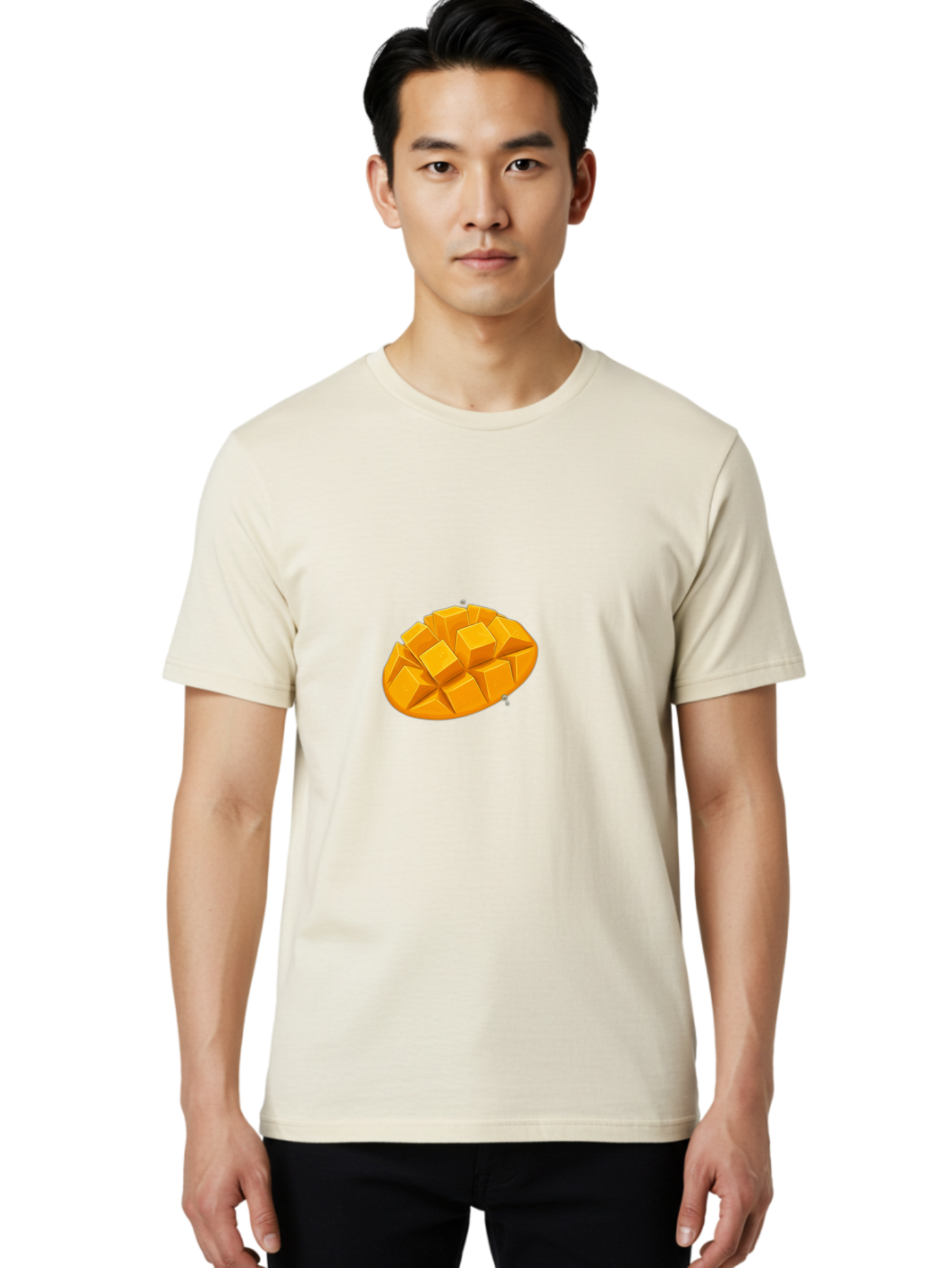 Mango-3 Men'S Graphic Tee, 100% Cotton, Comfortable Casual Summer Wear, Machine Washable, Cubed Mango, Diced Mango, Mango Fruit, Orange Fruit, 3D Illustration, Mango Chunks, Vibrant Orange, Fruit Graphic, Food Illustration Bac130