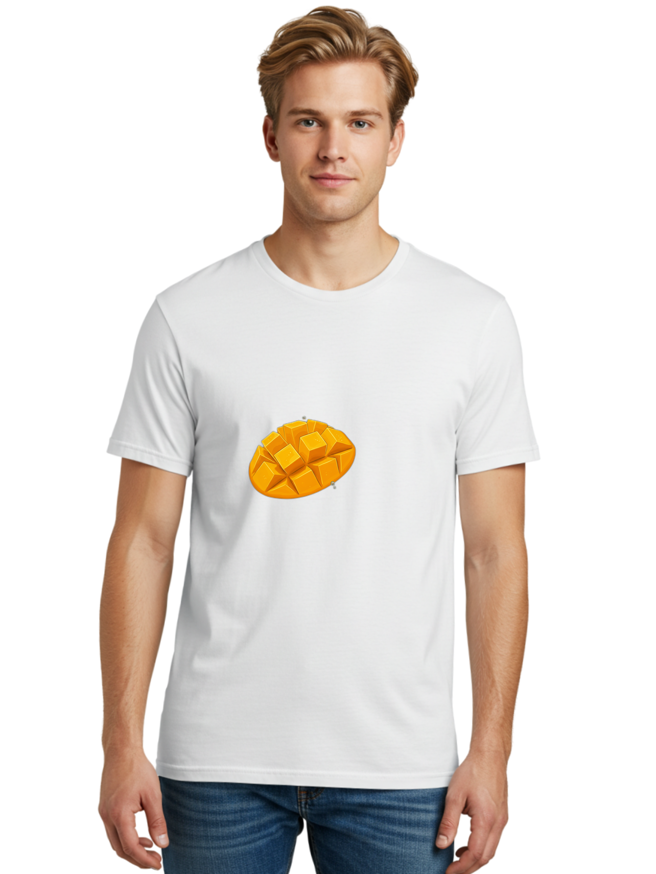 Mango-3 Men'S Graphic Tee, 100% Cotton, Comfortable Casual Summer Wear, Machine Washable, Cubed Mango, Diced Mango, Mango Fruit, Orange Fruit, 3D Illustration, Mango Chunks, Vibrant Orange, Fruit Graphic, Food Illustration Bac130
