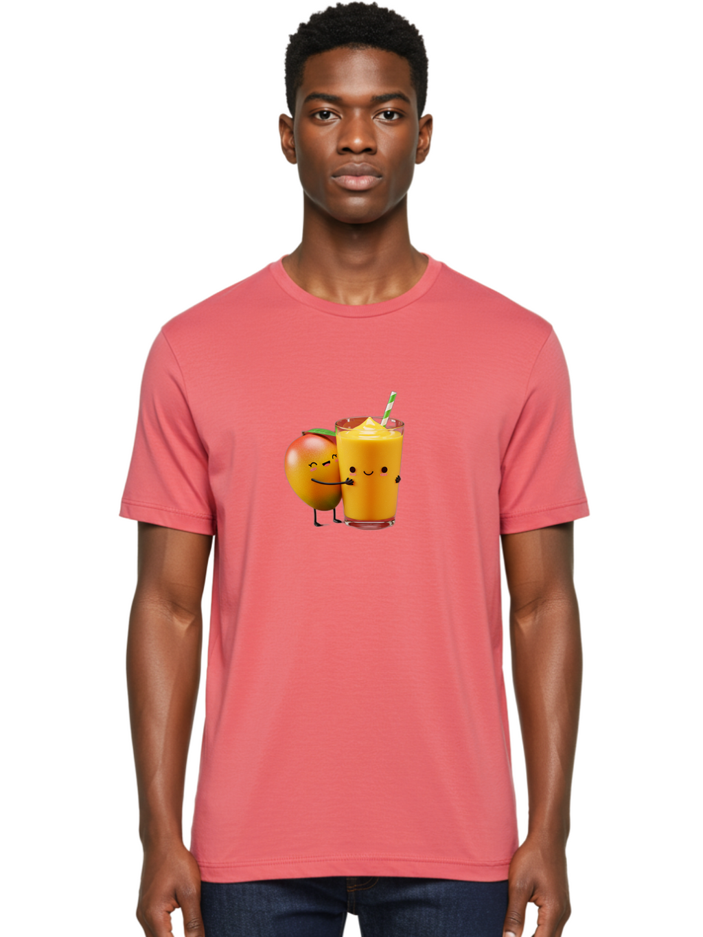 Mango-And-Smoothie Men'S Graphic Tee, 100% Cotton, Comfortable Casual Summer Wear, Machine Washable, Mango Smoothie, Mango Characters, Funny Illustration, Healthy Drink, Cartoon Fruit, Refreshing Beverage, Orange Juice, Happy Face, Bac134