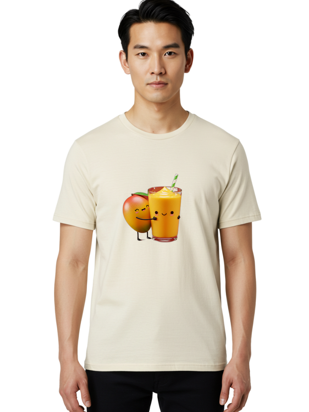 Mango-And-Smoothie Men'S Graphic Tee, 100% Cotton, Comfortable Casual Summer Wear, Machine Washable, Mango Smoothie, Mango Characters, Funny Illustration, Healthy Drink, Cartoon Fruit, Refreshing Beverage, Orange Juice, Happy Face, Bac134