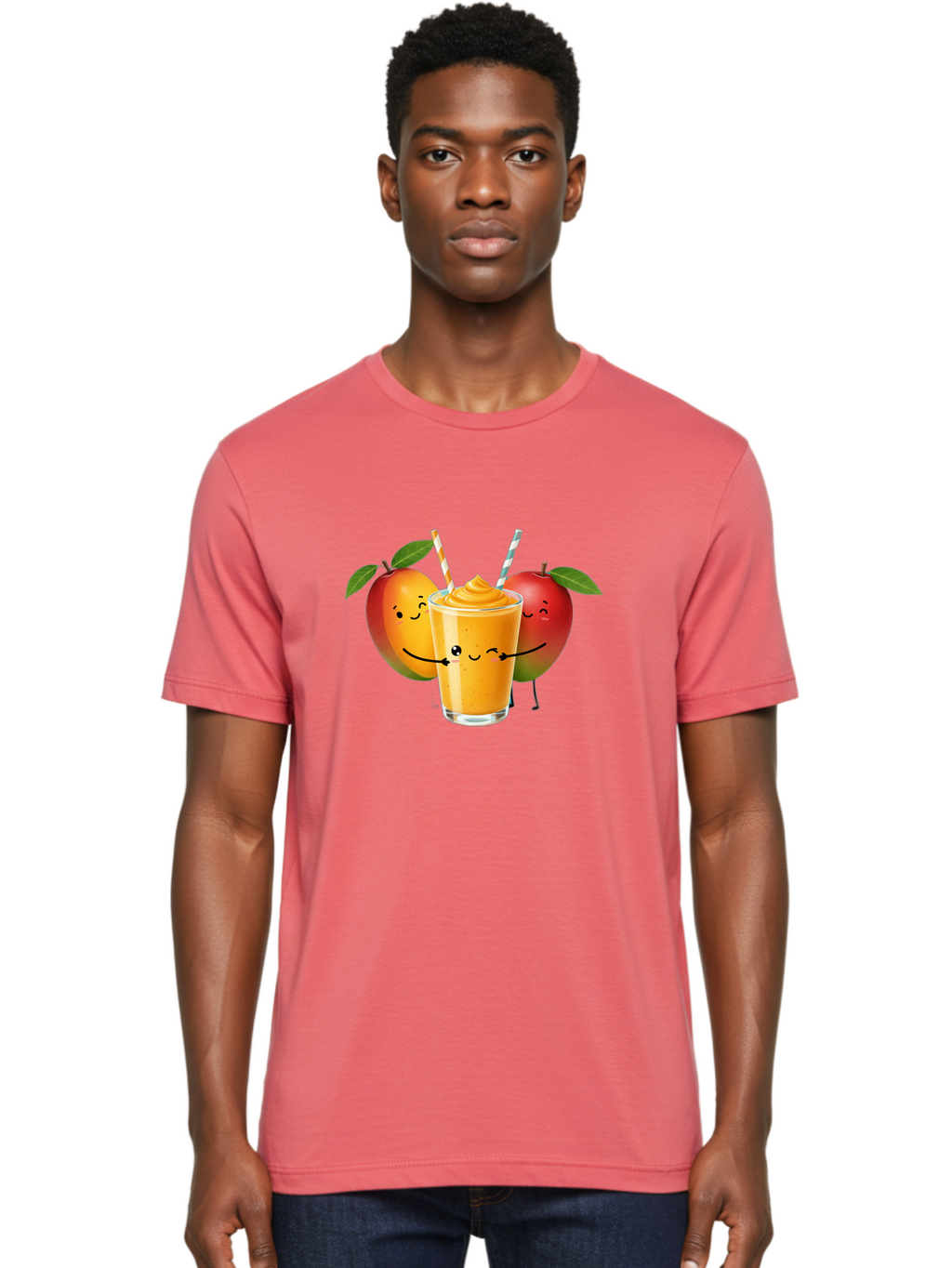 Mango-Apple-Smoothie Men'S Graphic Tee, 100% Cotton, Comfortable Casual Summer Wear, Machine Washable, Mango Smoothie, Apple Characters, Orange Drink, Cartoon Style, Happy Fruits, Smiling Faces, Healthy Beverage, Refreshing Drink, Bac135
