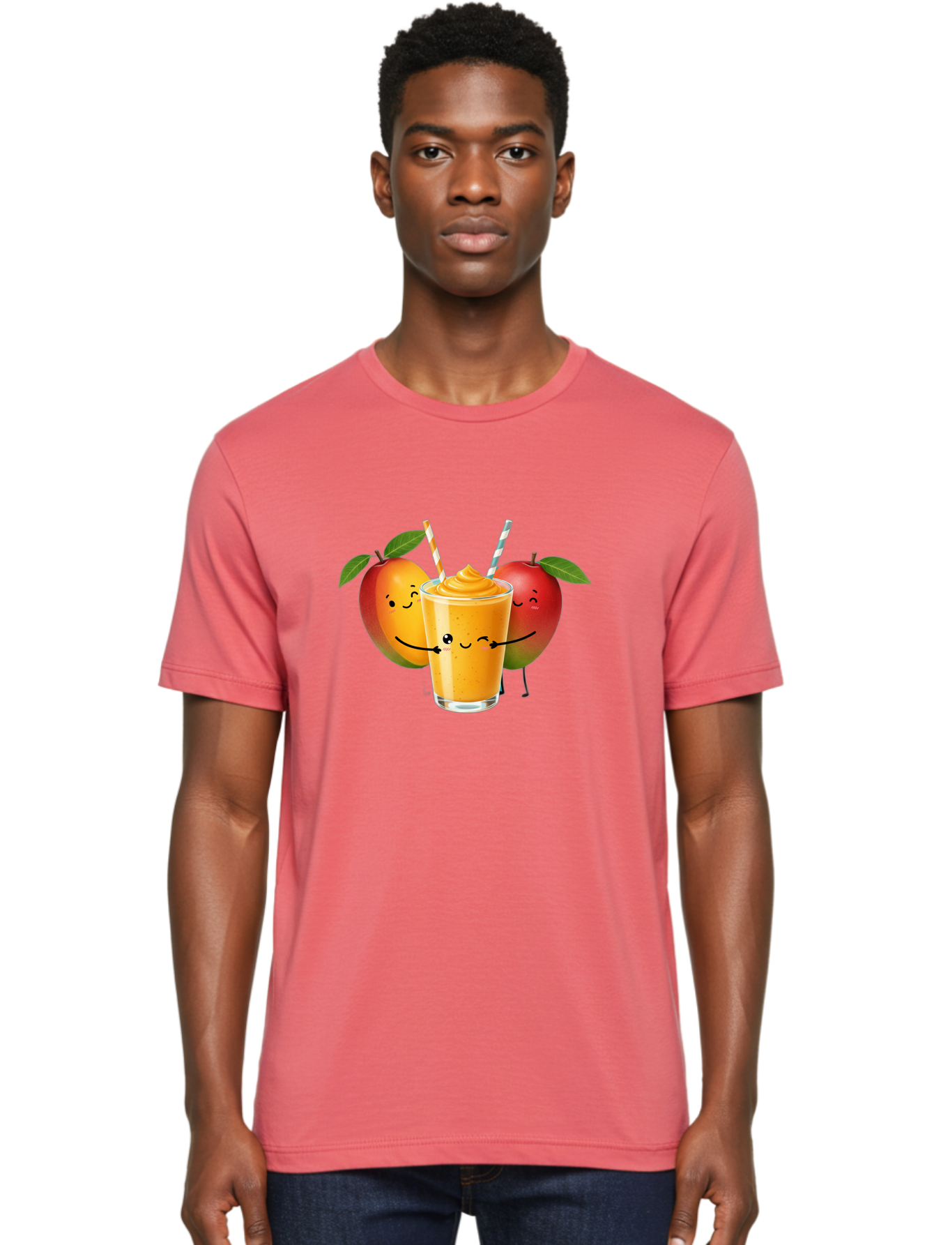Mango-Apple-Smoothie Men'S Graphic Tee, 100% Cotton, Comfortable Casual Summer Wear, Machine Washable, Mango Smoothie, Apple Characters, Orange Drink, Cartoon Style, Happy Fruits, Smiling Faces, Healthy Beverage, Refreshing Drink, Bac135