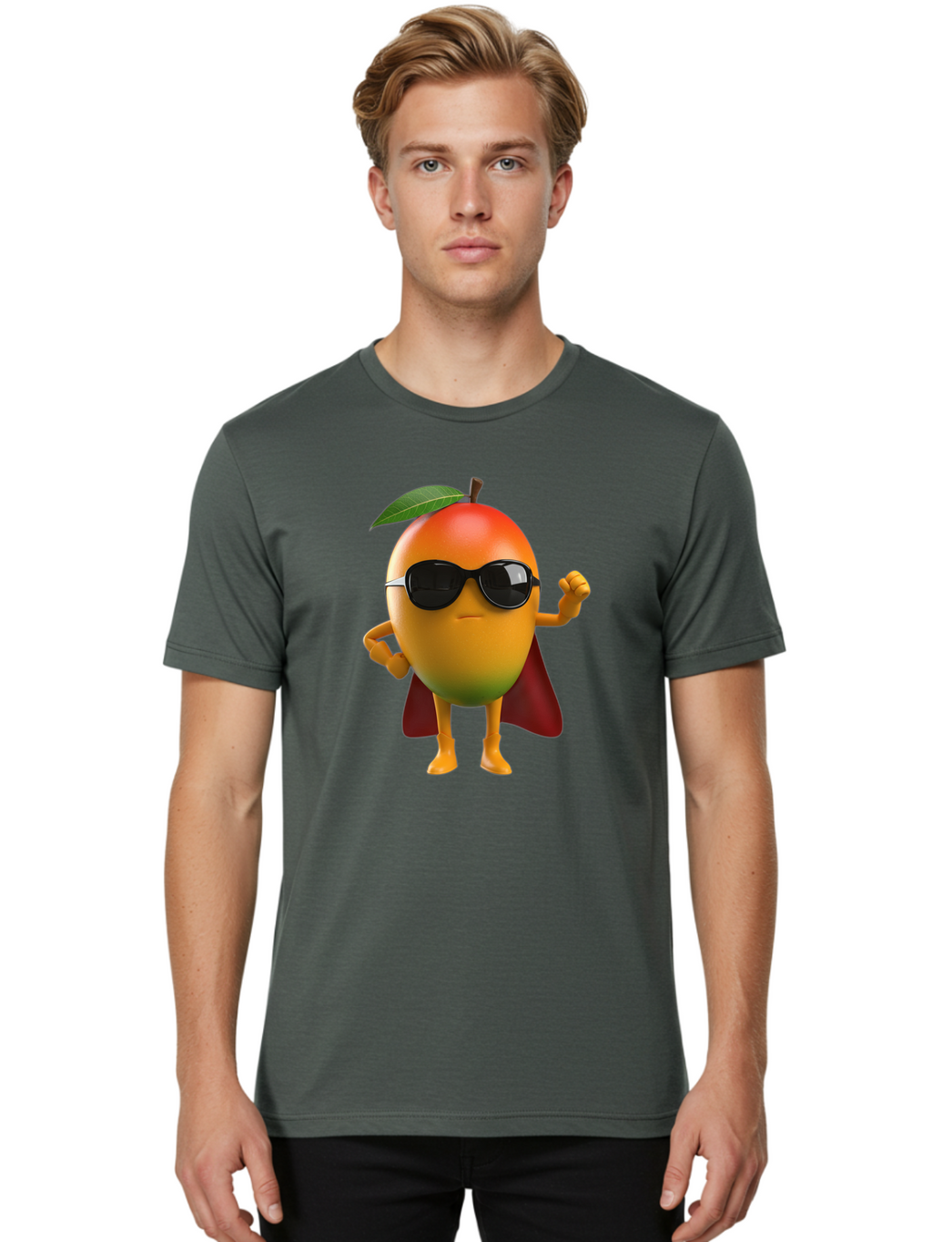 Mango-Character Men'S Graphic Tee, 100% Cotton, Comfortable Casual Summer Wear, Machine Washable, Cartoon Mango Character, Superhero Pose, Sunglasses, Red Cape, Yellow Fruit, Funny Character, Animated Character, Vibrant Colors, Bac137