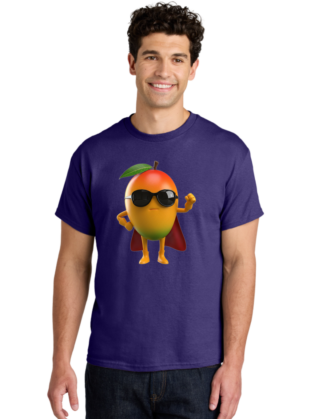 Mango-Character Men'S Graphic Tee, 100% Cotton, Comfortable Casual Summer Wear, Machine Washable, Cartoon Mango Character, Superhero Pose, Sunglasses, Red Cape, Yellow Fruit, Funny Character, Animated Character, Vibrant Colors, Bac137