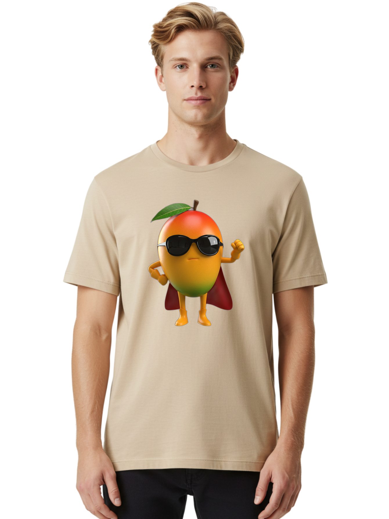 Mango-Character Men'S Graphic Tee, 100% Cotton, Comfortable Casual Summer Wear, Machine Washable, Cartoon Mango Character, Superhero Pose, Sunglasses, Red Cape, Yellow Fruit, Funny Character, Animated Character, Vibrant Colors, Bac137