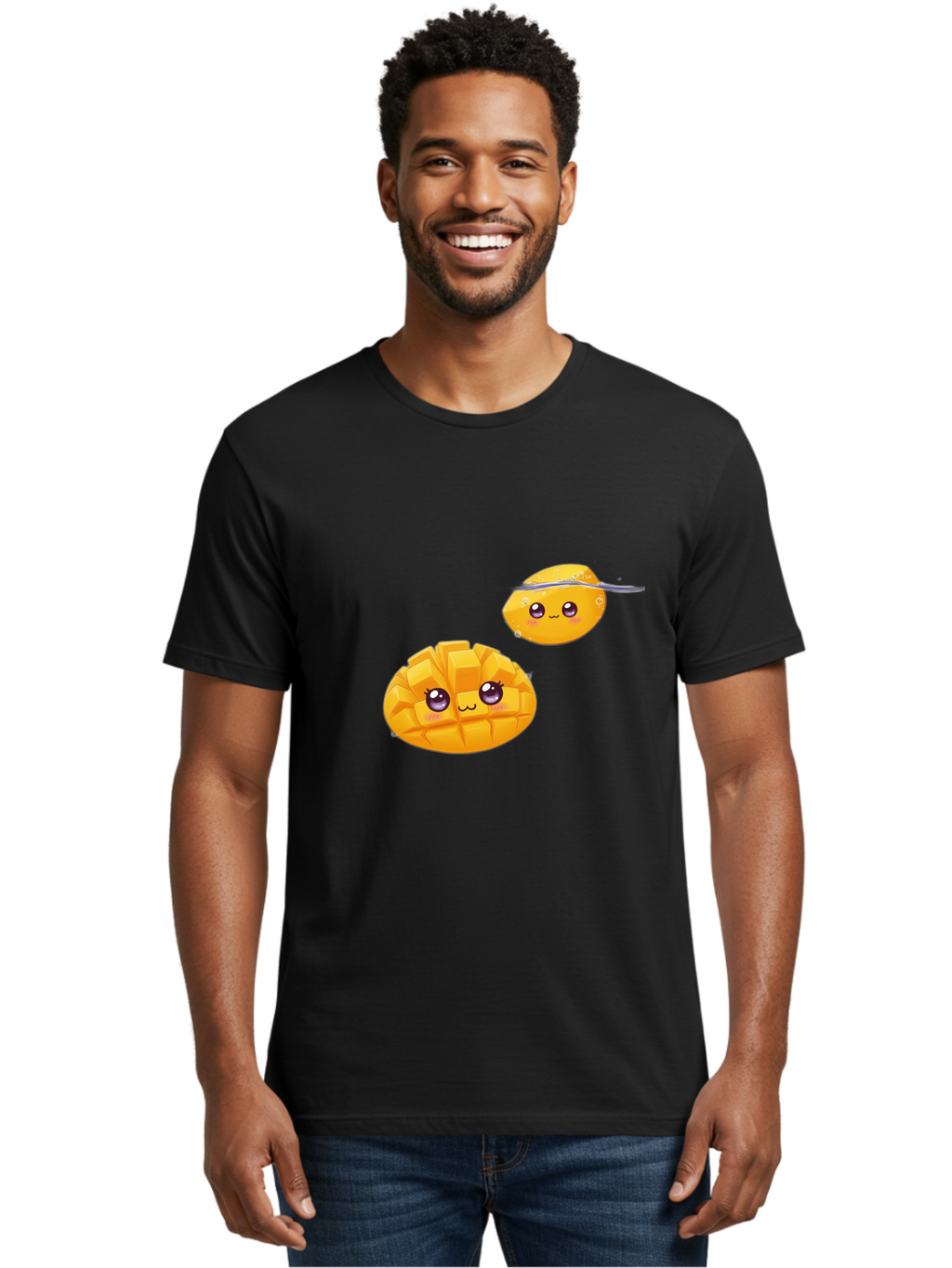 Mango-Characters Men'S Graphic Tee, 100% Cotton, Comfortable Casual Summer Wear, Machine Washable, Cartoon Mangoes, Cute Fruit, Kawaii Characters, Smiling Faces, Playful Illustration, Adorable Graphics, Tropical Fruit, Fun Design Bac138