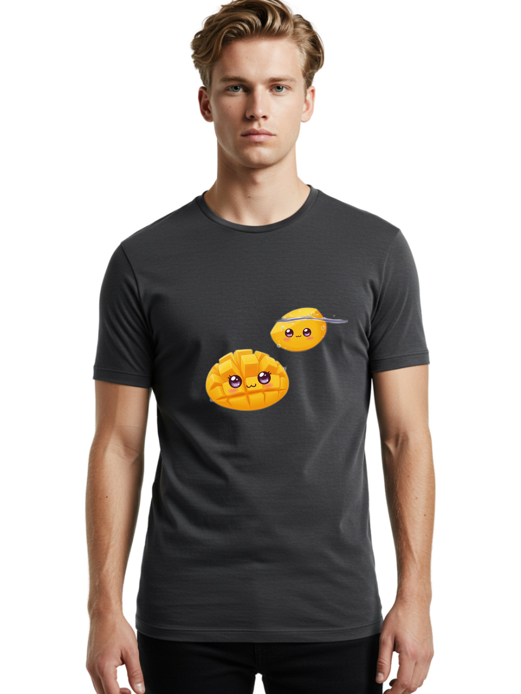 Mango-Characters Men'S Graphic Tee, 100% Cotton, Comfortable Casual Summer Wear, Machine Washable, Cartoon Mangoes, Cute Fruit, Kawaii Characters, Smiling Faces, Playful Illustration, Adorable Graphics, Tropical Fruit, Fun Design Bac138