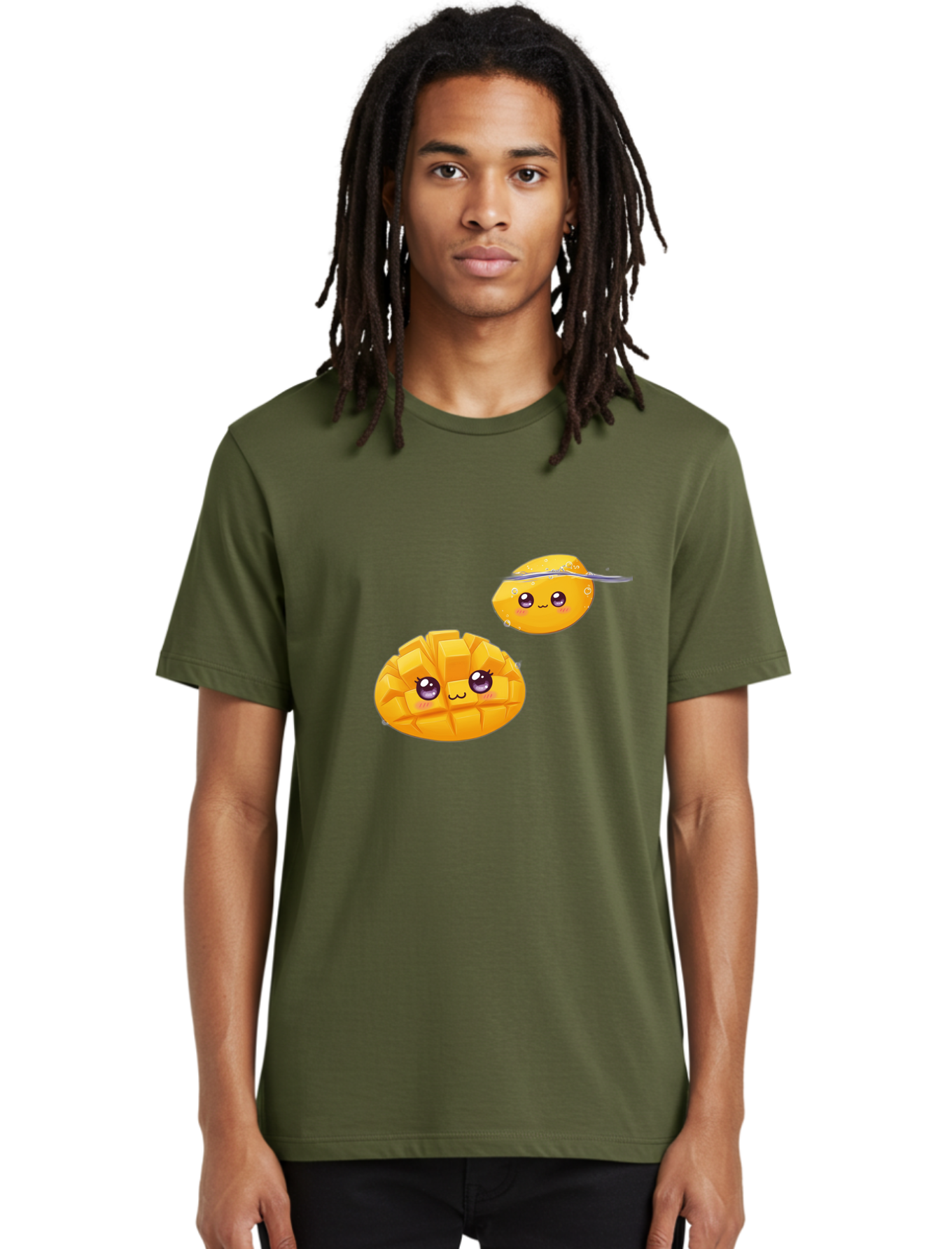 Mango-Characters Men'S Graphic Tee, 100% Cotton, Comfortable Casual Summer Wear, Machine Washable, Cartoon Mangoes, Cute Fruit, Kawaii Characters, Smiling Faces, Playful Illustration, Adorable Graphics, Tropical Fruit, Fun Design Bac138