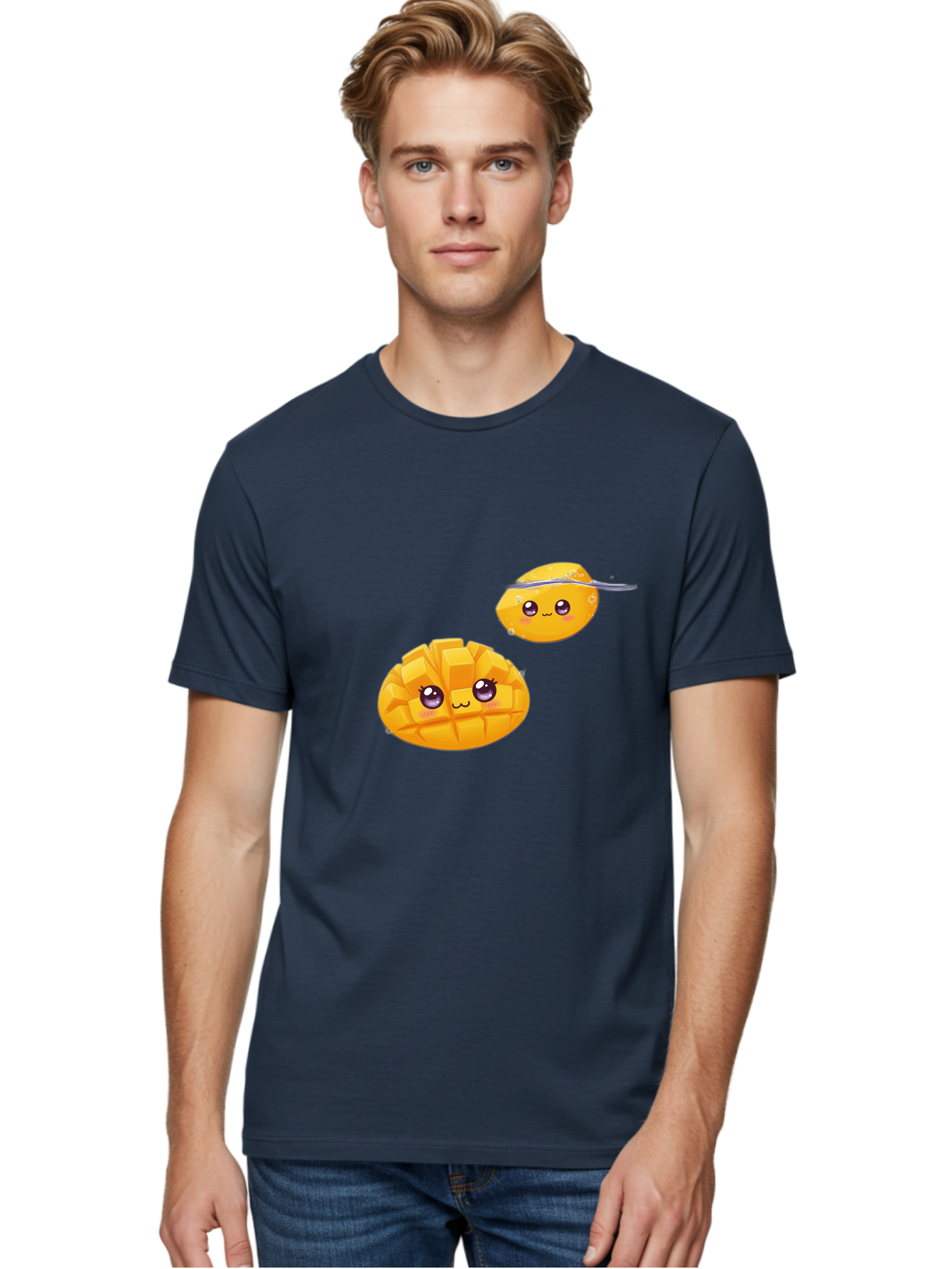 Mango-Characters Men'S Graphic Tee, 100% Cotton, Comfortable Casual Summer Wear, Machine Washable, Cartoon Mangoes, Cute Fruit, Kawaii Characters, Smiling Faces, Playful Illustration, Adorable Graphics, Tropical Fruit, Fun Design Bac138