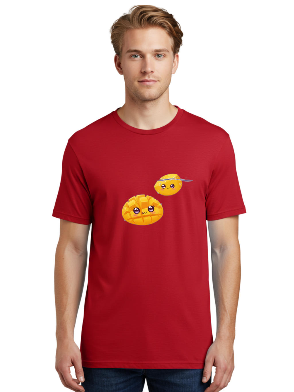 Mango-Characters Men'S Graphic Tee, 100% Cotton, Comfortable Casual Summer Wear, Machine Washable, Cartoon Mangoes, Cute Fruit, Kawaii Characters, Smiling Faces, Playful Illustration, Adorable Graphics, Tropical Fruit, Fun Design Bac138