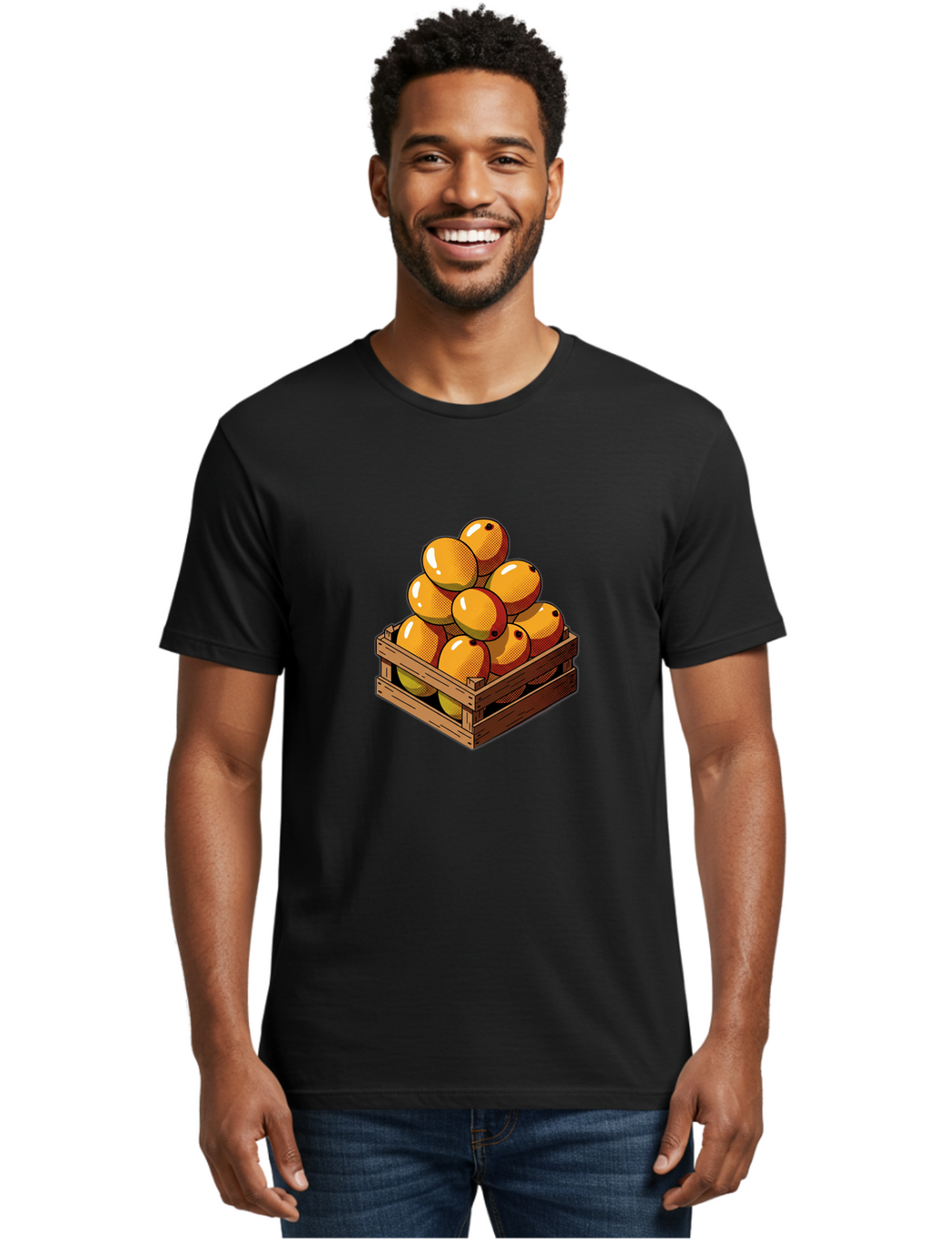Mango-Crate Men'S Graphic Tee, 100% Cotton, Comfortable Casual Summer Wear, Machine Washable, Mangoes In Wooden Crate, Fresh Fruit, Vibrant Colors, Halftone Effect, Orange Fruit, Black Dots, Wooden Slats, Pop Art Style, Fruit Illustration Bac140