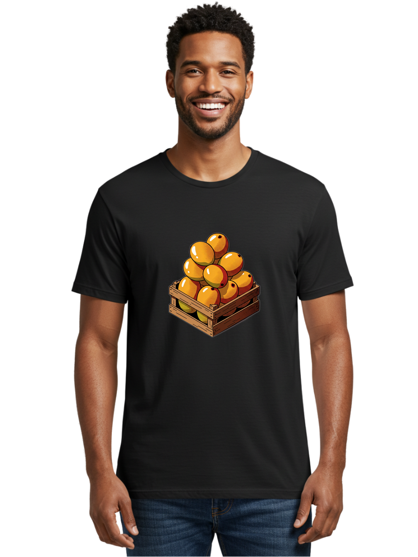 Mango-Crate Men'S Graphic Tee, 100% Cotton, Comfortable Casual Summer Wear, Machine Washable, Mangoes In Wooden Crate, Fresh Fruit, Vibrant Colors, Halftone Effect, Orange Fruit, Black Dots, Wooden Slats, Pop Art Style, Fruit Illustration Bac140