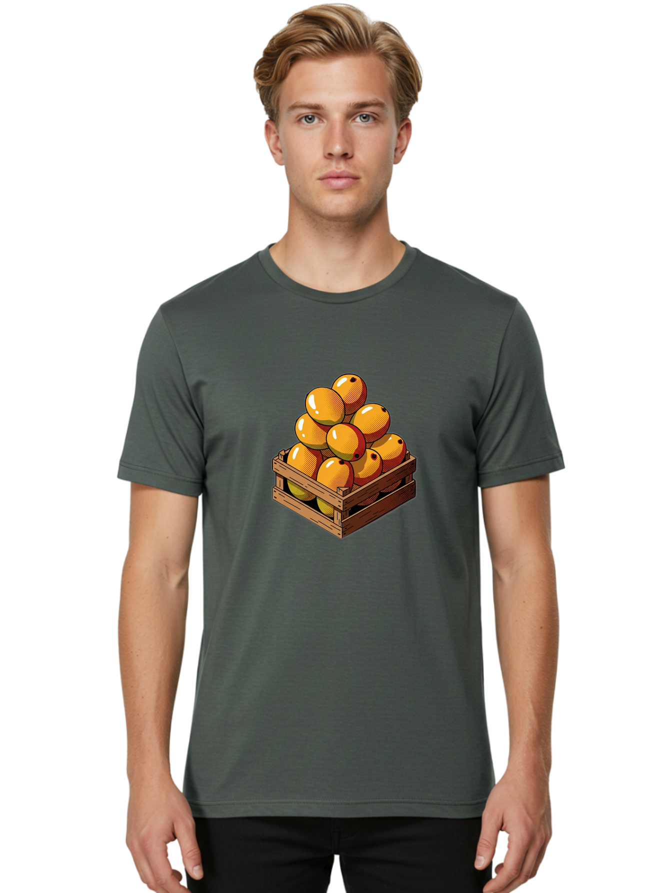 Mango-Crate Men'S Graphic Tee, 100% Cotton, Comfortable Casual Summer Wear, Machine Washable, Mangoes In Wooden Crate, Fresh Fruit, Vibrant Colors, Halftone Effect, Orange Fruit, Black Dots, Wooden Slats, Pop Art Style, Fruit Illustration Bac140