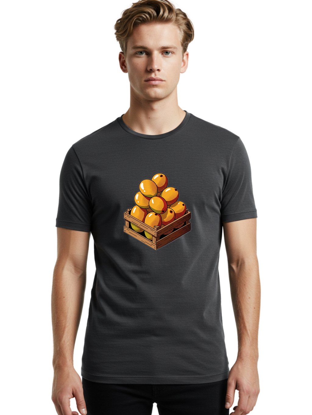 Mango-Crate Men'S Graphic Tee, 100% Cotton, Comfortable Casual Summer Wear, Machine Washable, Mangoes In Wooden Crate, Fresh Fruit, Vibrant Colors, Halftone Effect, Orange Fruit, Black Dots, Wooden Slats, Pop Art Style, Fruit Illustration Bac140