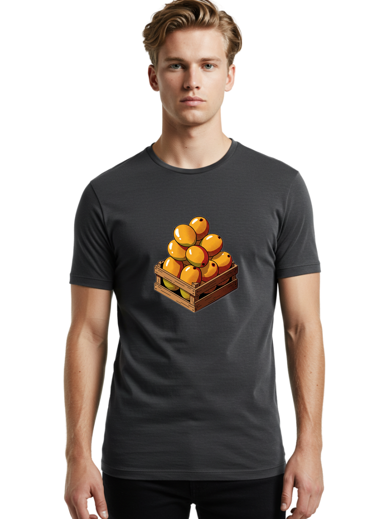 Mango-Crate Men'S Graphic Tee, 100% Cotton, Comfortable Casual Summer Wear, Machine Washable, Mangoes In Wooden Crate, Fresh Fruit, Vibrant Colors, Halftone Effect, Orange Fruit, Black Dots, Wooden Slats, Pop Art Style, Fruit Illustration Bac140