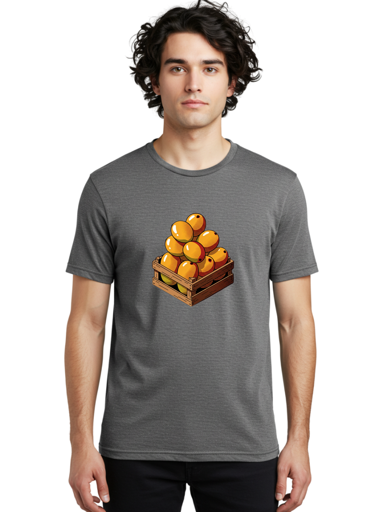 Mango-Crate Men'S Graphic Tee, 100% Cotton, Comfortable Casual Summer Wear, Machine Washable, Mangoes In Wooden Crate, Fresh Fruit, Vibrant Colors, Halftone Effect, Orange Fruit, Black Dots, Wooden Slats, Pop Art Style, Fruit Illustration Bac140