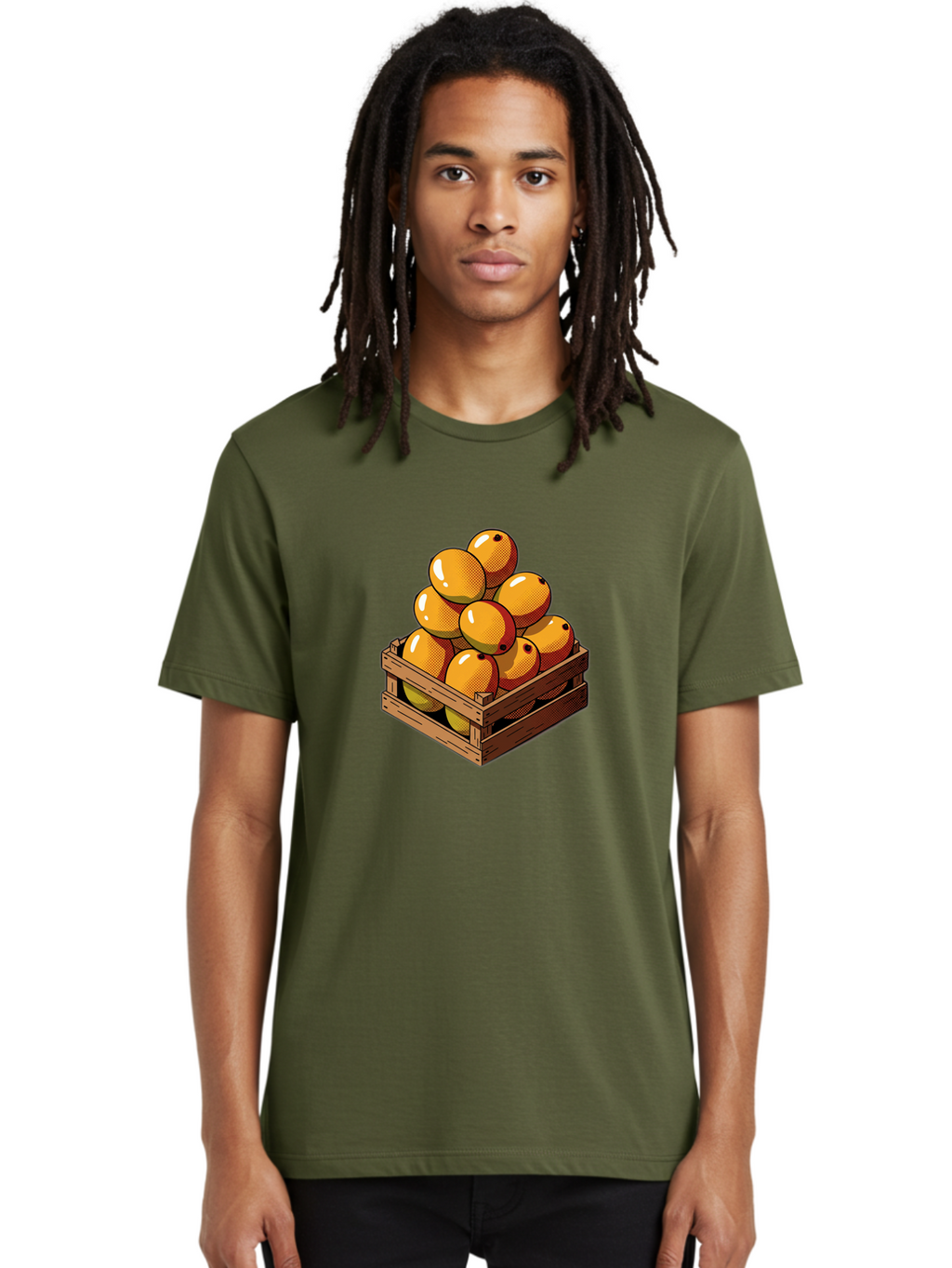 Mango-Crate Men'S Graphic Tee, 100% Cotton, Comfortable Casual Summer Wear, Machine Washable, Mangoes In Wooden Crate, Fresh Fruit, Vibrant Colors, Halftone Effect, Orange Fruit, Black Dots, Wooden Slats, Pop Art Style, Fruit Illustration Bac140