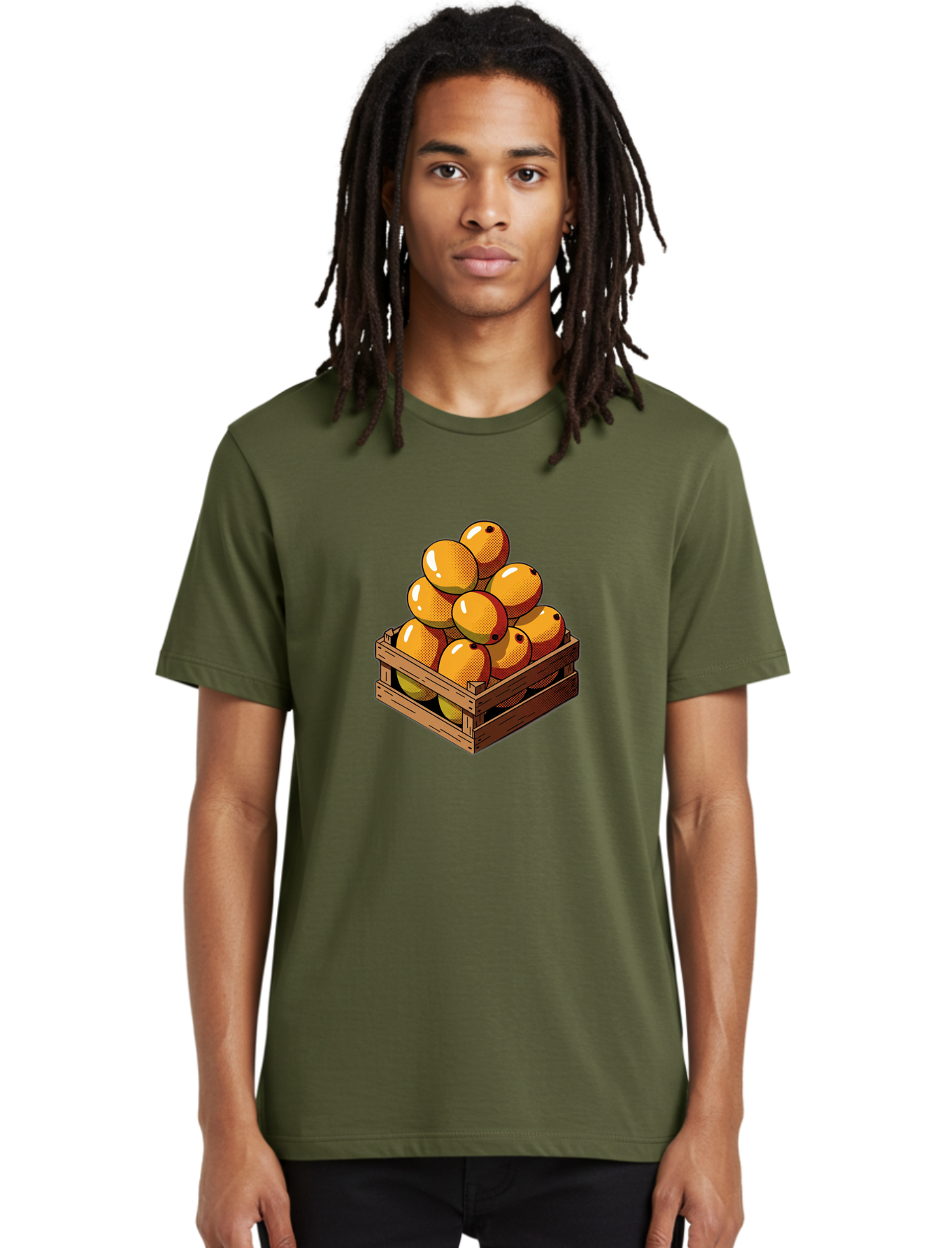 Mango-Crate Men'S Graphic Tee, 100% Cotton, Comfortable Casual Summer Wear, Machine Washable, Mangoes In Wooden Crate, Fresh Fruit, Vibrant Colors, Halftone Effect, Orange Fruit, Black Dots, Wooden Slats, Pop Art Style, Fruit Illustration Bac140