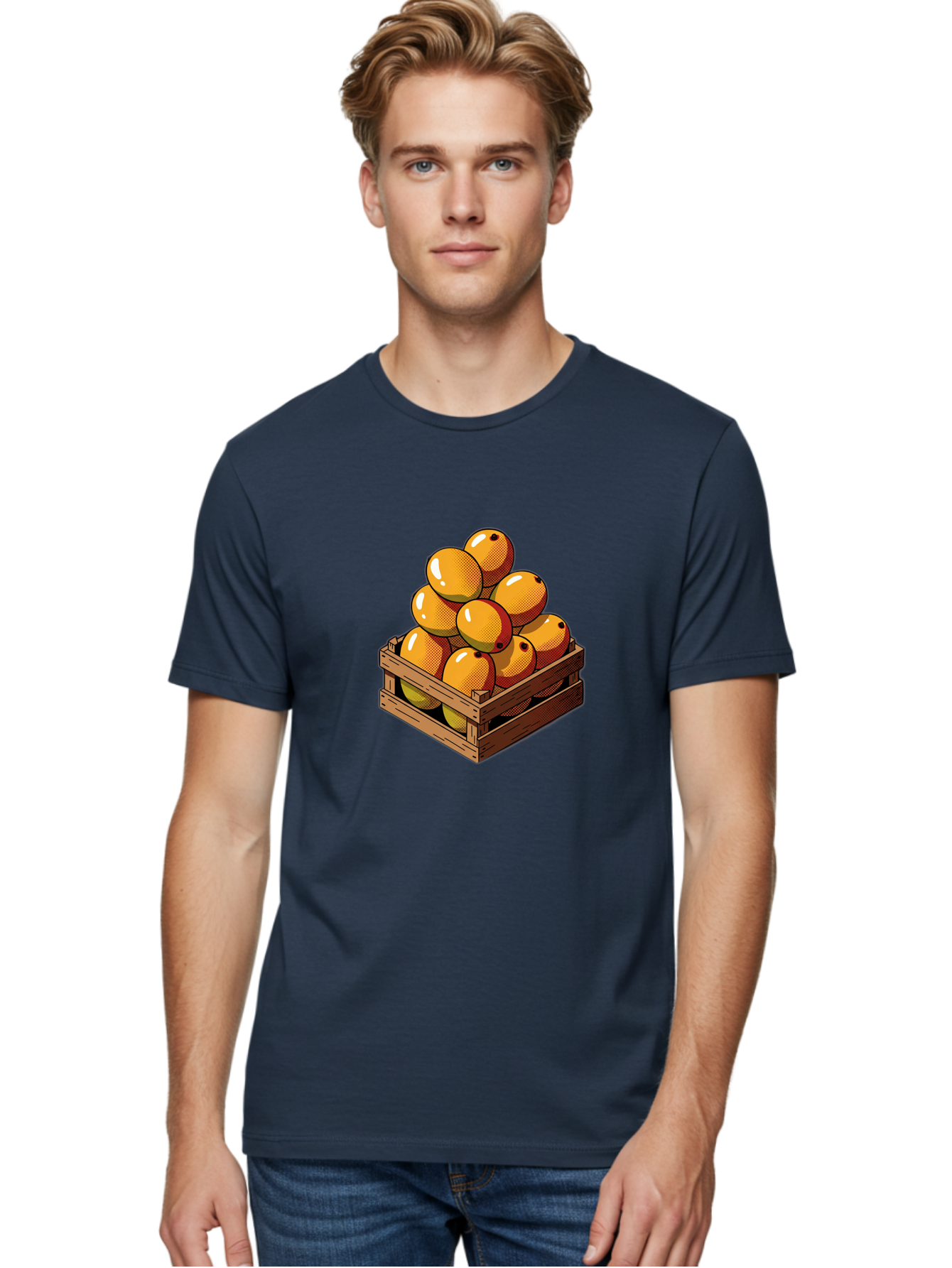 Mango-Crate Men'S Graphic Tee, 100% Cotton, Comfortable Casual Summer Wear, Machine Washable, Mangoes In Wooden Crate, Fresh Fruit, Vibrant Colors, Halftone Effect, Orange Fruit, Black Dots, Wooden Slats, Pop Art Style, Fruit Illustration Bac140