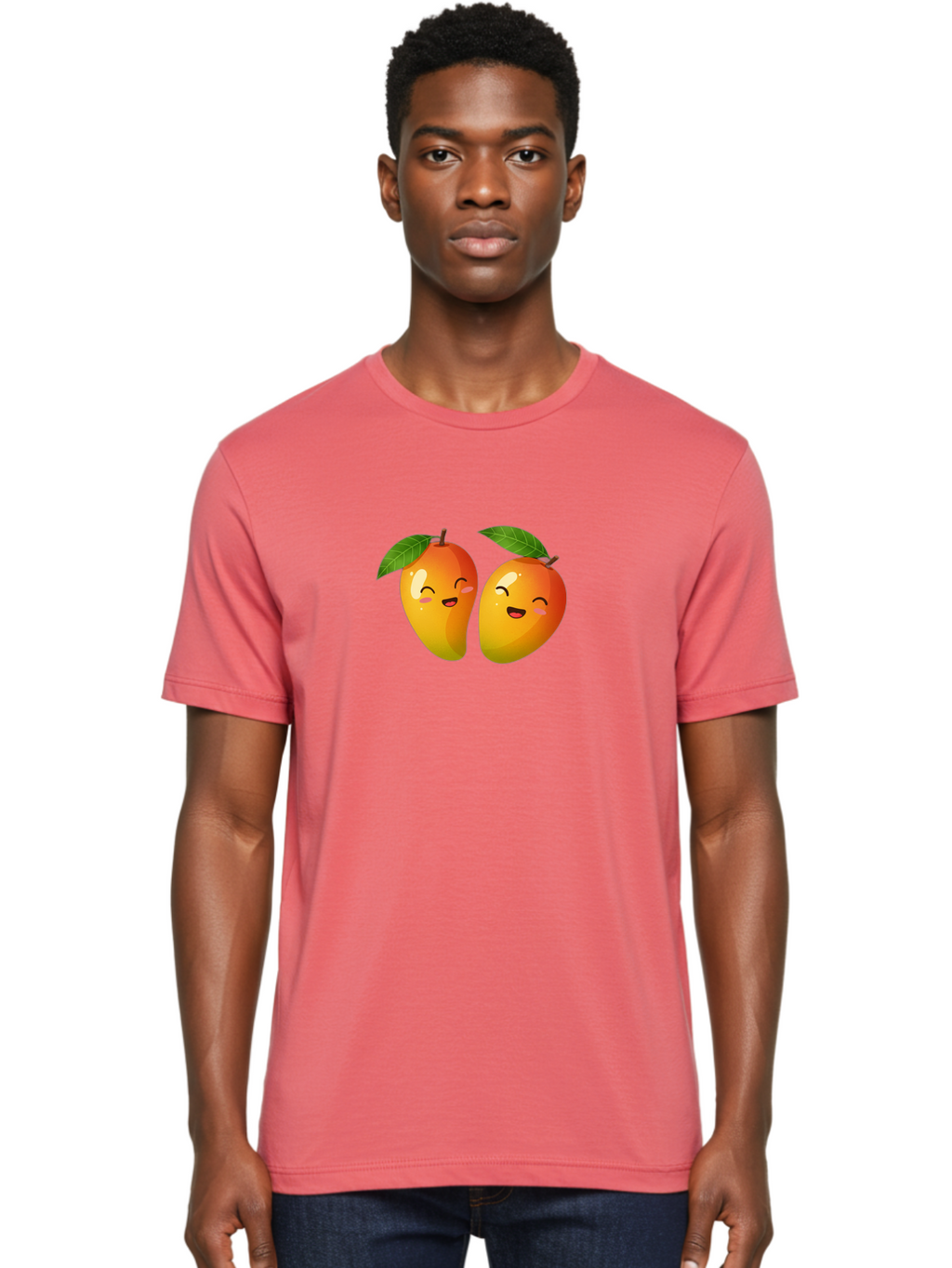 Mango-Emoticons Men'S Graphic Tee, 100% Cotton, Comfortable Casual Summer Wear, Machine Washable, Cartoon Mangoes, Happy Faces, Smiling Fruits, Vibrant Orange, Green Leaves, Cute Illustration, Fruit Emoji, Kawaii Art, Digital Art, Bac142