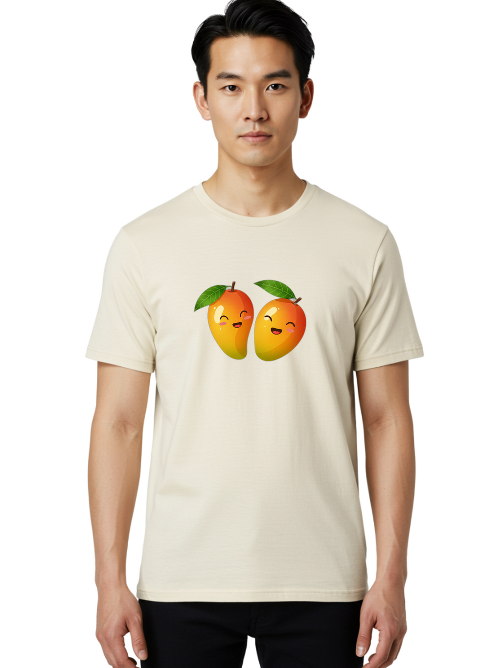 Mango-Emoticons Men'S Graphic Tee, 100% Cotton, Comfortable Casual Summer Wear, Machine Washable, Cartoon Mangoes, Happy Faces, Smiling Fruits, Vibrant Orange, Green Leaves, Cute Illustration, Fruit Emoji, Kawaii Art, Digital Art, Bac142