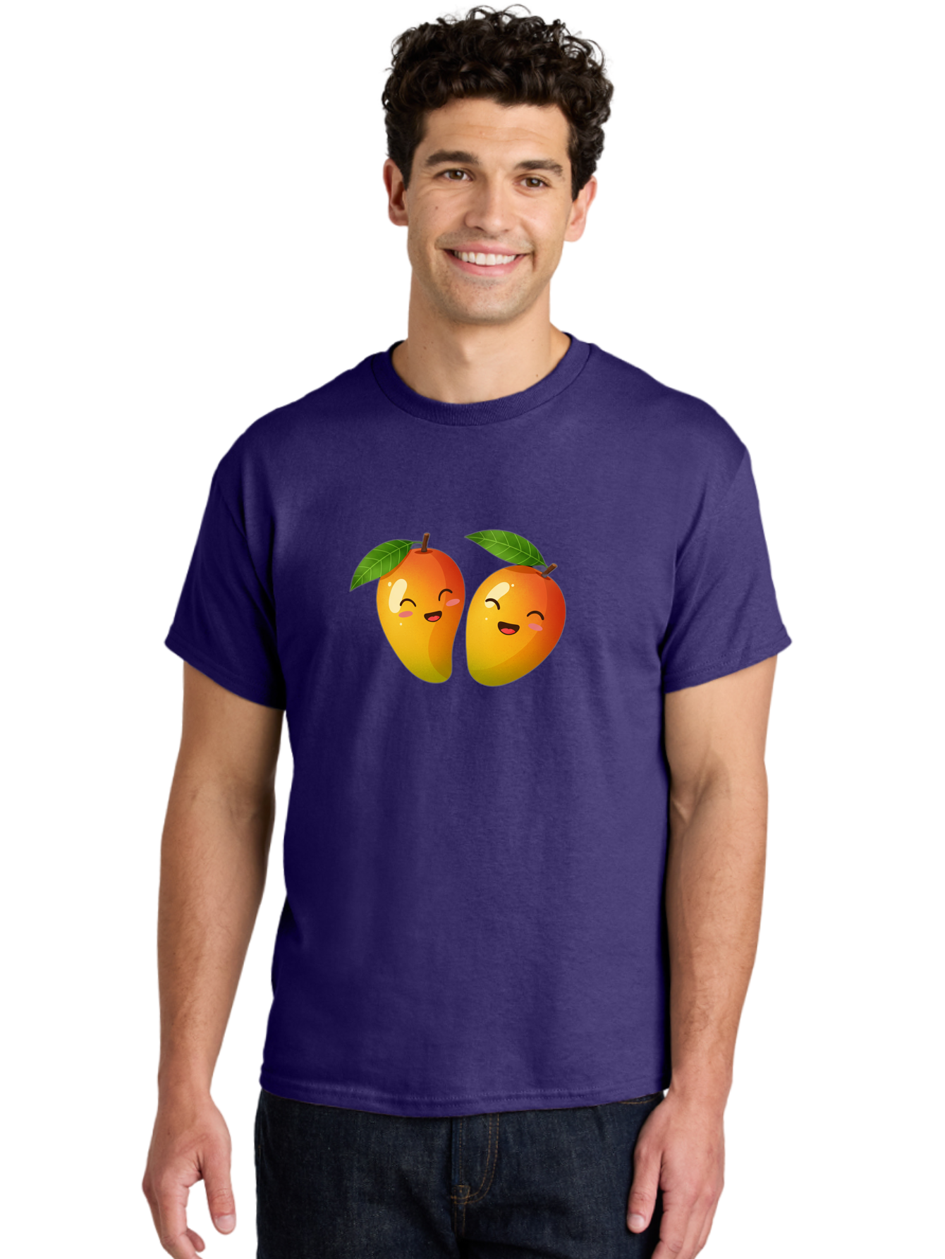 Mango-Emoticons Men'S Graphic Tee, 100% Cotton, Comfortable Casual Summer Wear, Machine Washable, Cartoon Mangoes, Happy Faces, Smiling Fruits, Vibrant Orange, Green Leaves, Cute Illustration, Fruit Emoji, Kawaii Art, Digital Art, Bac142