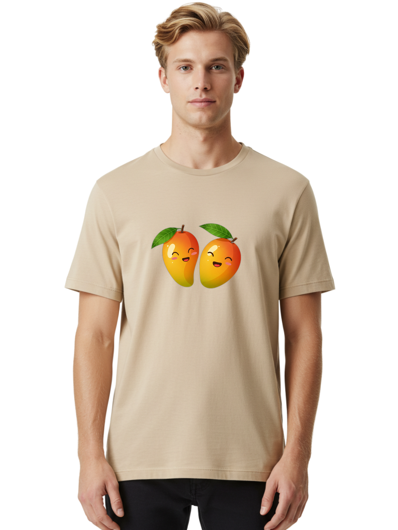 Mango-Emoticons Men'S Graphic Tee, 100% Cotton, Comfortable Casual Summer Wear, Machine Washable, Cartoon Mangoes, Happy Faces, Smiling Fruits, Vibrant Orange, Green Leaves, Cute Illustration, Fruit Emoji, Kawaii Art, Digital Art, Bac142