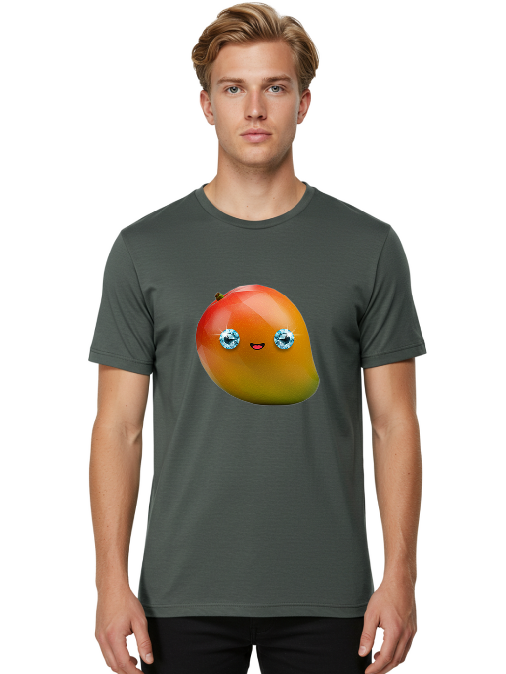 Mango-Eyes Men'S Graphic Tee, 100% Cotton, Comfortable Casual Summer Wear, Machine Washable, Mango Fruit, Diamond Eyes, Cartoon Character, Shiny Mango, Cute Fruit, Smiling Face, Vibrant Colors, Luxury Fruit, Exotic Charm Bac143