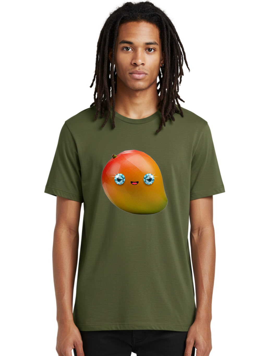 Mango-Eyes Men'S Graphic Tee, 100% Cotton, Comfortable Casual Summer Wear, Machine Washable, Mango Fruit, Diamond Eyes, Cartoon Character, Shiny Mango, Cute Fruit, Smiling Face, Vibrant Colors, Luxury Fruit, Exotic Charm Bac143