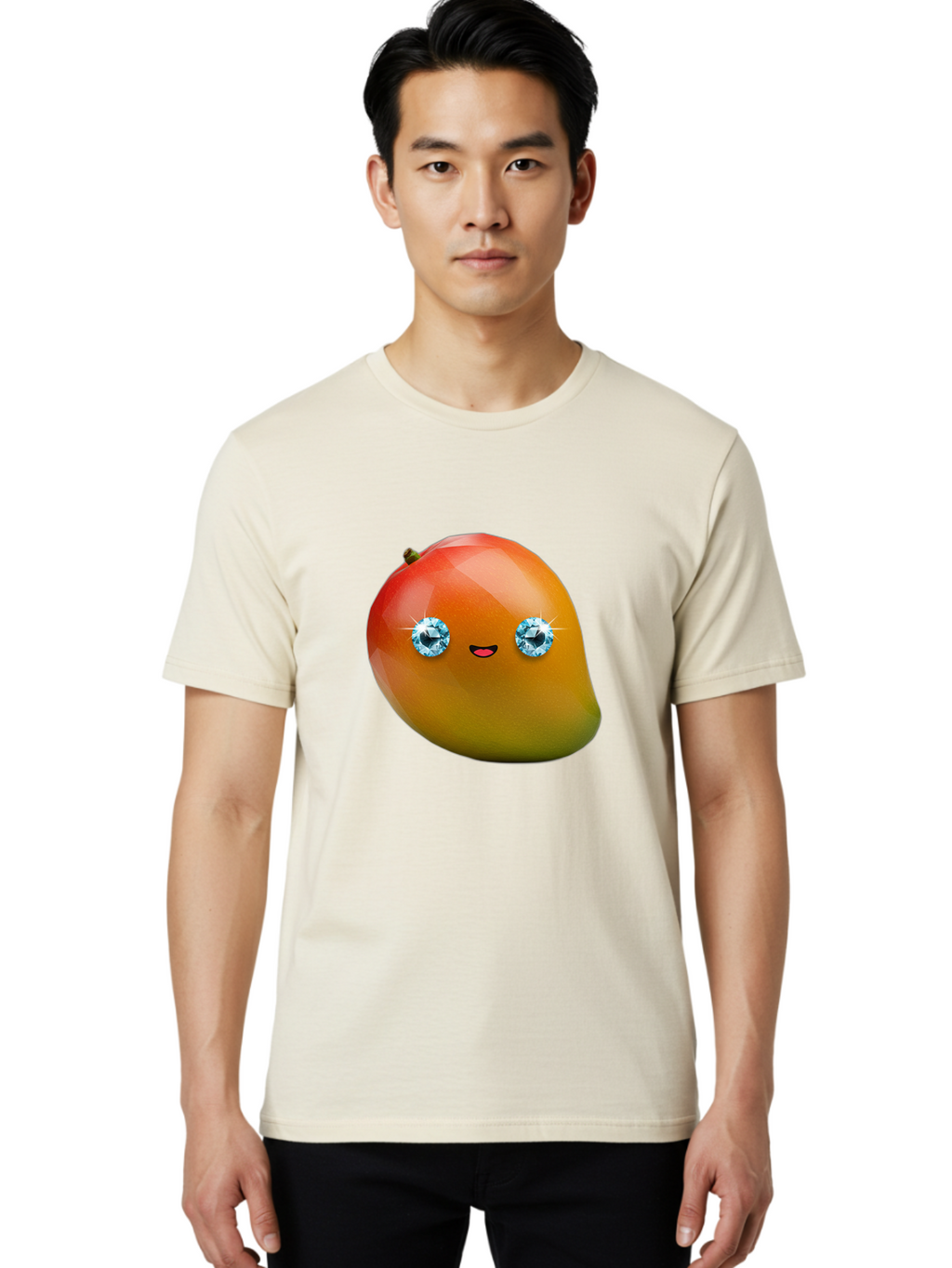 Mango-Eyes Men'S Graphic Tee, 100% Cotton, Comfortable Casual Summer Wear, Machine Washable, Mango Fruit, Diamond Eyes, Cartoon Character, Shiny Mango, Cute Fruit, Smiling Face, Vibrant Colors, Luxury Fruit, Exotic Charm Bac143