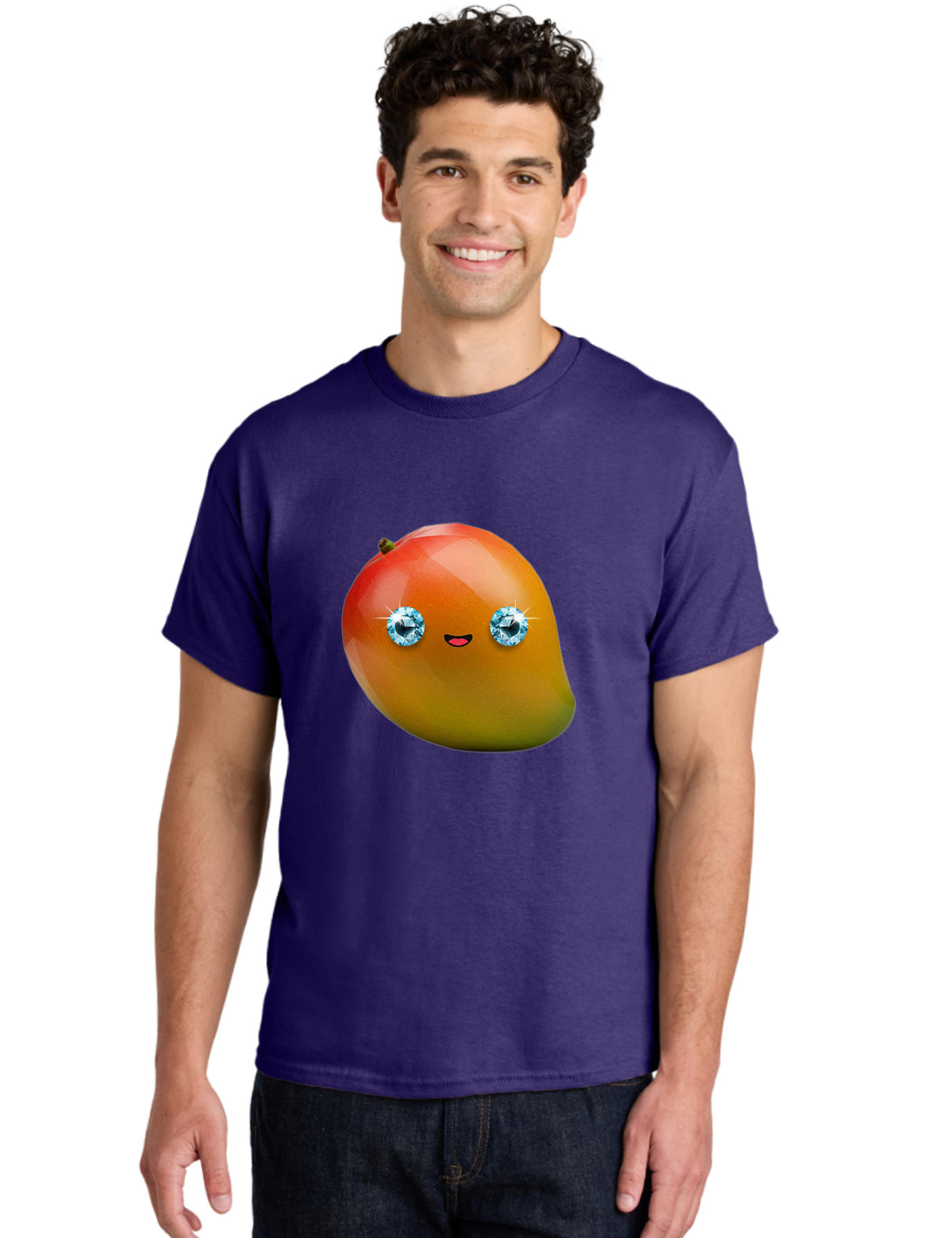 Mango-Eyes Men'S Graphic Tee, 100% Cotton, Comfortable Casual Summer Wear, Machine Washable, Mango Fruit, Diamond Eyes, Cartoon Character, Shiny Mango, Cute Fruit, Smiling Face, Vibrant Colors, Luxury Fruit, Exotic Charm Bac143