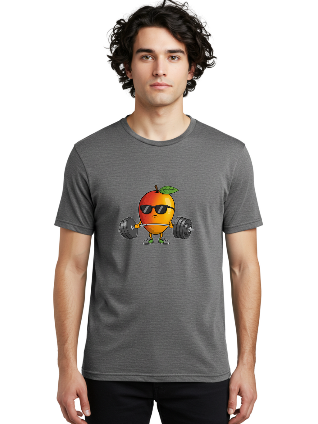 Mango-Fitness Men'S Graphic Tee, 100% Cotton, Comfortable Casual Summer Wear, Machine Washable, Cartoon Mango, Weightlifting, Fitness, Exercise, Sunglasses, Dumbbells, Healthy Lifestyle, Fruit Character, Gym, Workout Routine, Strong Fruit Bac144