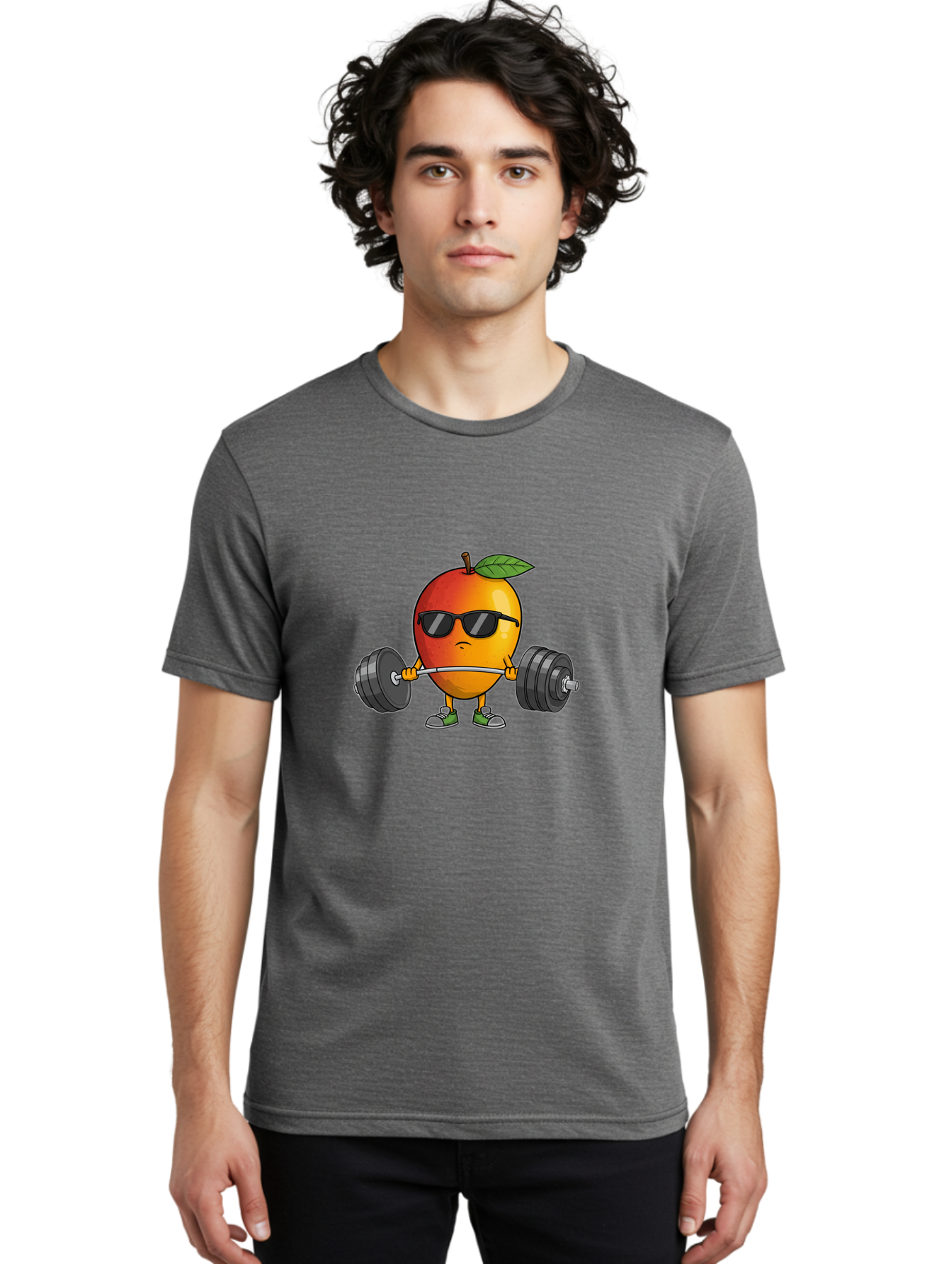 Mango-Fitness Men'S Graphic Tee, 100% Cotton, Comfortable Casual Summer Wear, Machine Washable, Cartoon Mango, Weightlifting, Fitness, Exercise, Sunglasses, Dumbbells, Healthy Lifestyle, Fruit Character, Gym, Workout Routine, Strong Fruit Bac144