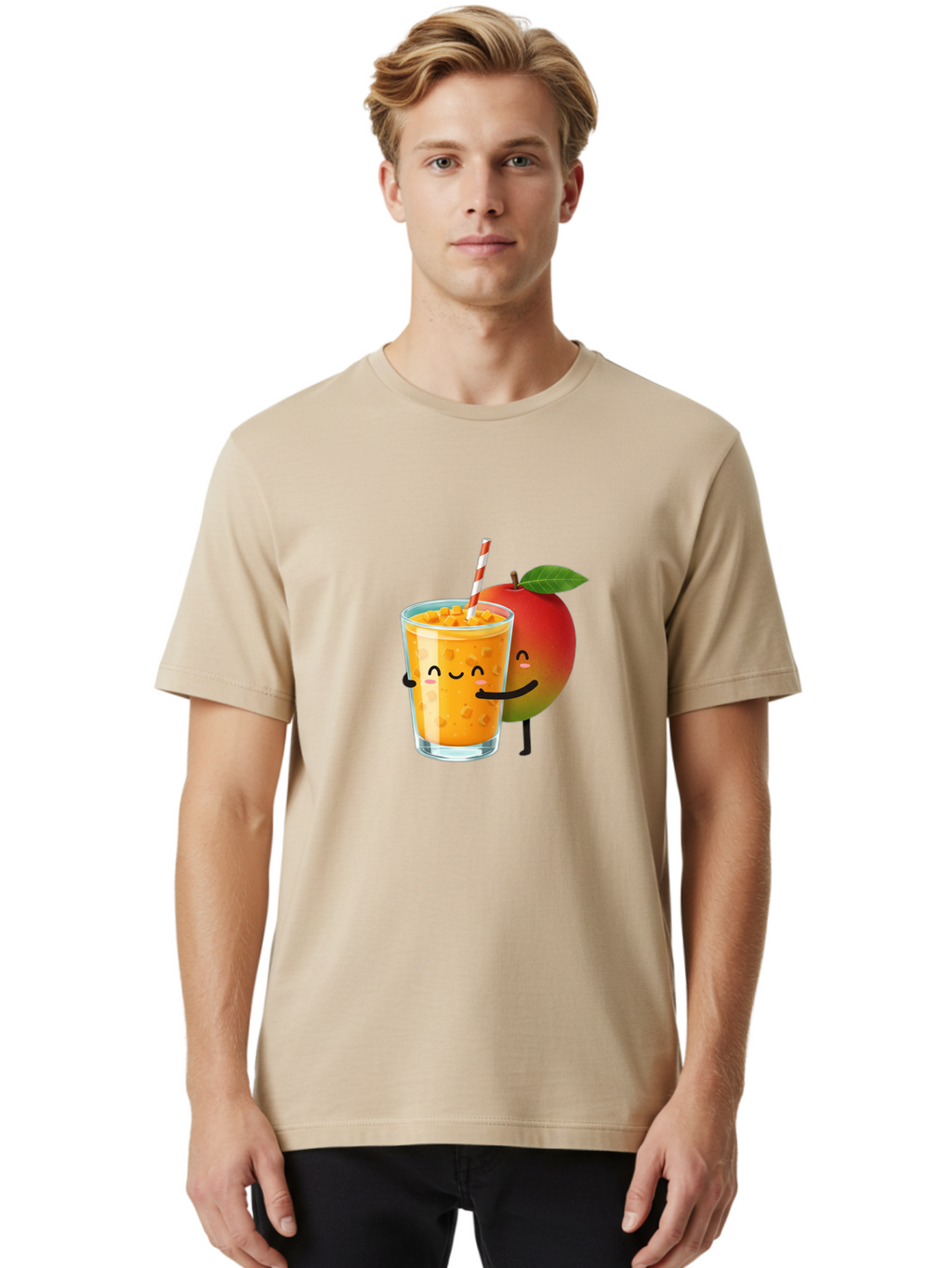 Mango-Juice-1 Men'S Graphic Tee, 100% Cotton, Comfortable Casual Summer Wear, Machine Washable, Cartoon Apple, Mango Juice, Refreshing Drink, Smiling Glass, Red And White Straw, Orange Beverage, Fruit Characters, Happy Face, Healthy Drink, Bac145