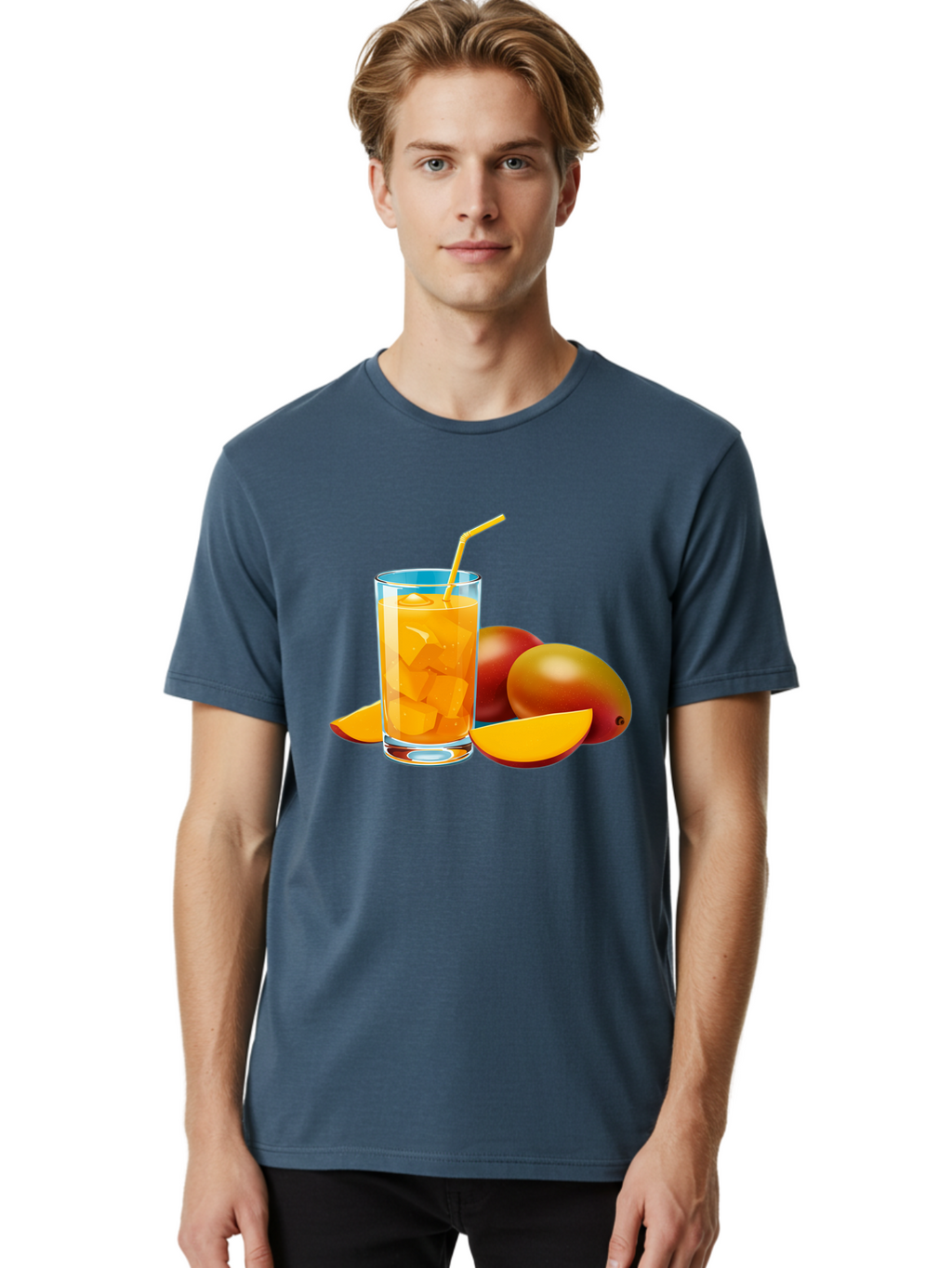 Mango-Juice-2 Men'S Graphic Tee, 100% Cotton, Comfortable Casual Summer Wear, Machine Washable, Mango Juice, Refreshing Drink, Cold Beverage, Tropical Fruit, Mango Chunks, Yellow Straw, Red Mango, Sliced Mango, Summer Drink Bac146