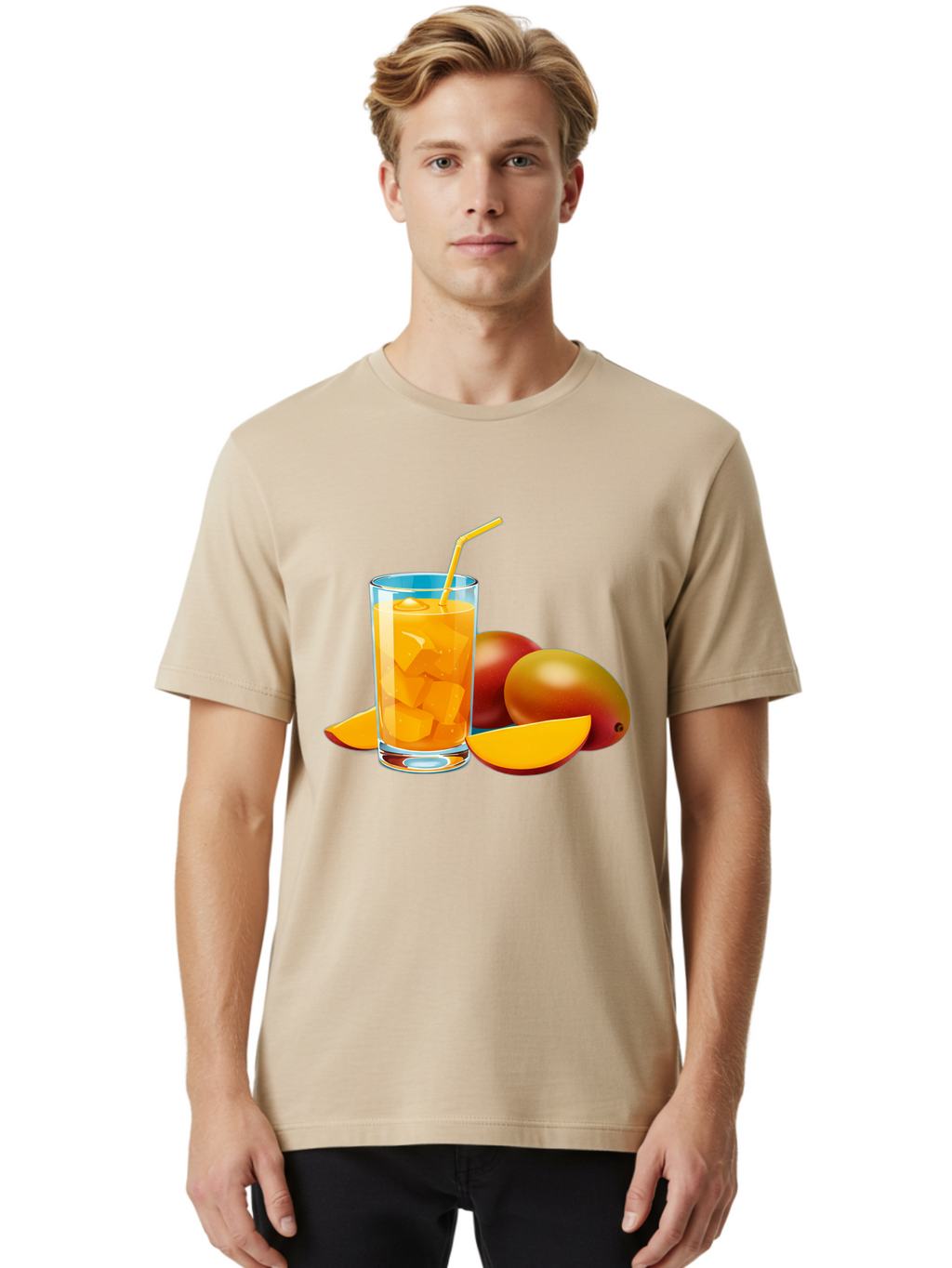 Mango-Juice-2 Men'S Graphic Tee, 100% Cotton, Comfortable Casual Summer Wear, Machine Washable, Mango Juice, Refreshing Drink, Cold Beverage, Tropical Fruit, Mango Chunks, Yellow Straw, Red Mango, Sliced Mango, Summer Drink Bac146