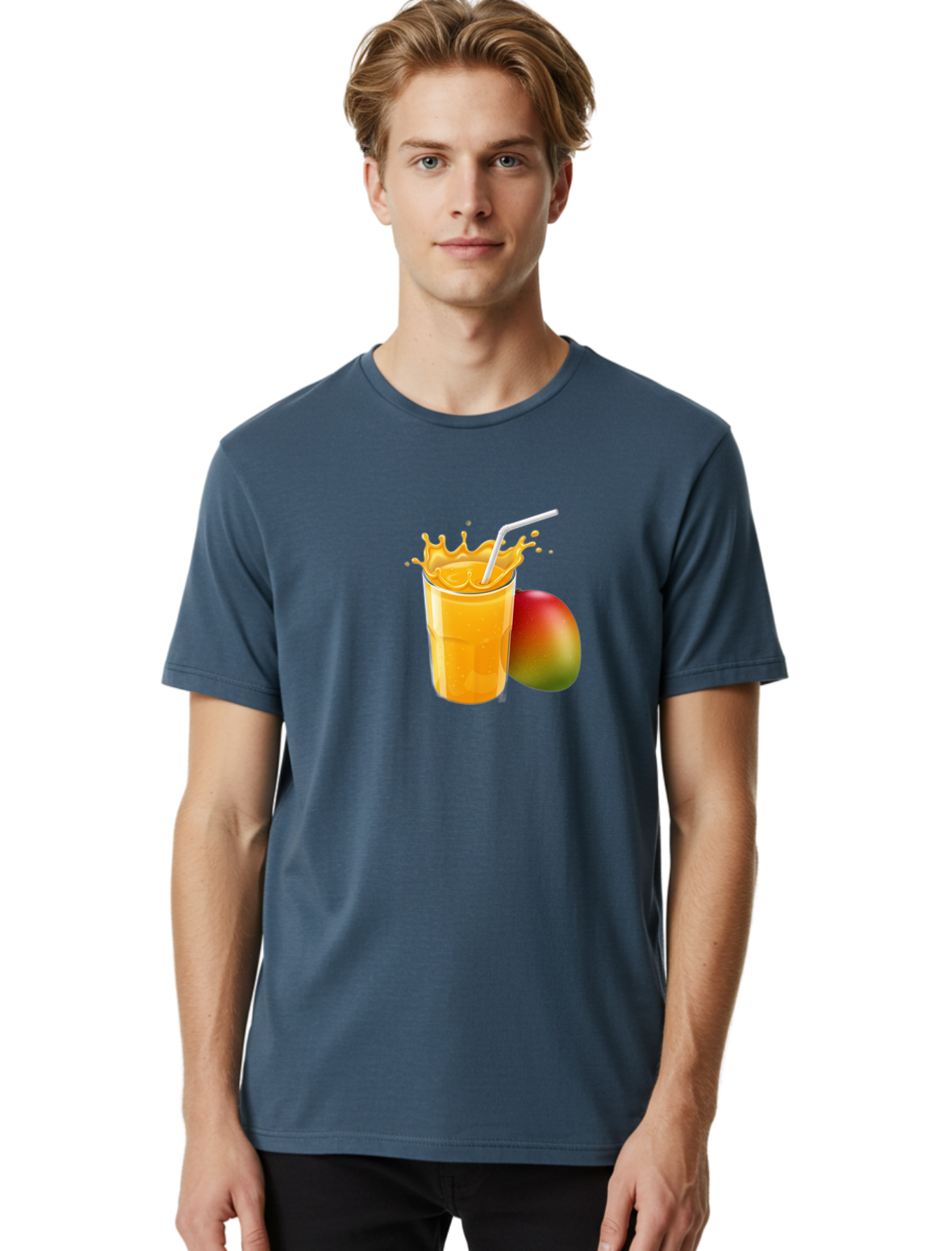 Mango-Juice-3 Men'S Graphic Tee, 100% Cotton, Comfortable Casual Summer Wear, Machine Washable, Mango Juice, Refreshing Drink, Tropical Flavor, Summer Beverage, Healthy Smoothie, Vibrant Orange Color, Splashing Juice, Straw, Whole Mango, Bac147