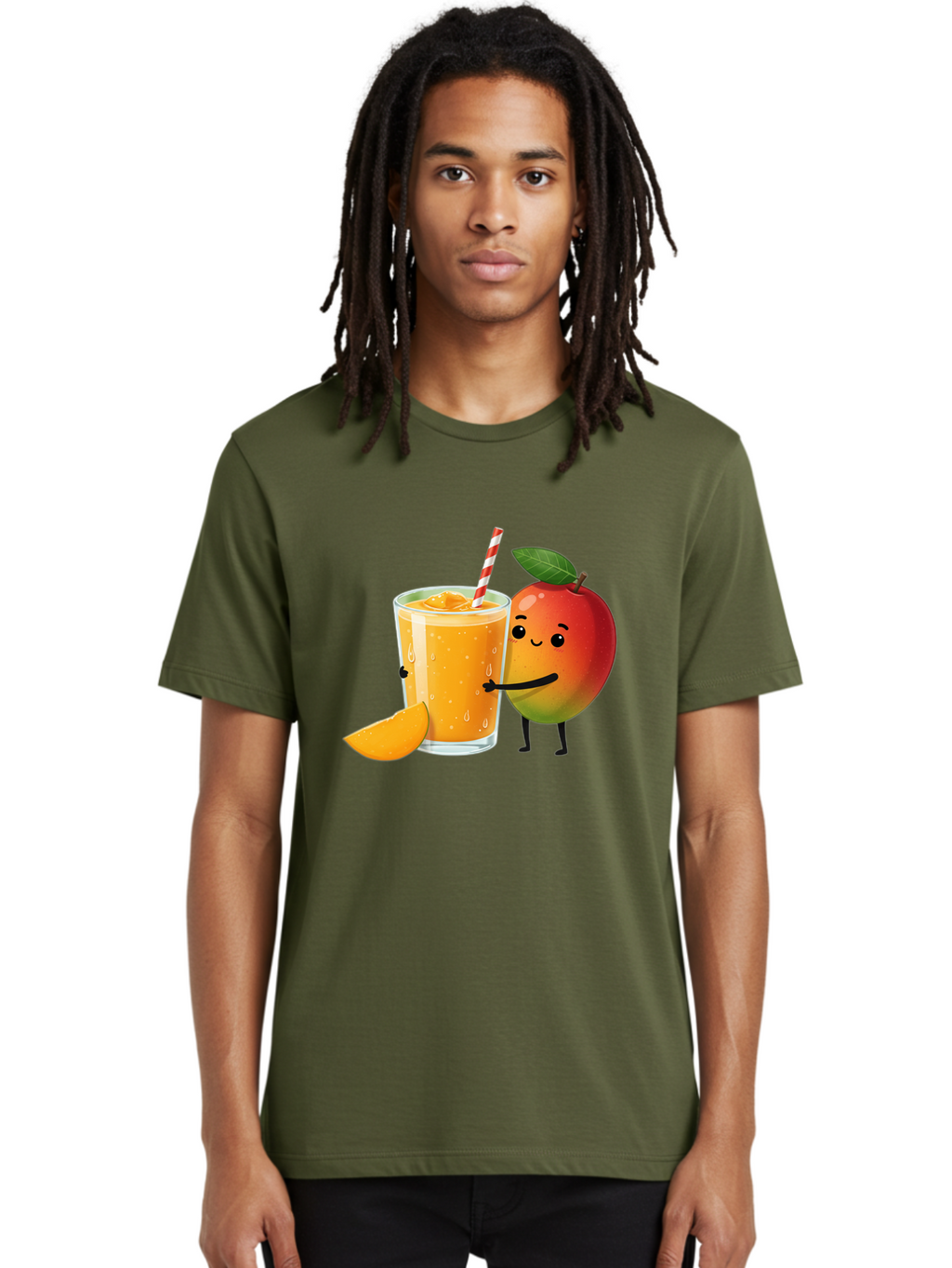 Mango-Juice Men'S Graphic Tee, 100% Cotton, Comfortable Casual Summer Wear, Machine Washable, Mango Juice, Cartoon Characters, Orange Juice, Fruit Juice, Healthy Drink, Refreshing Beverage, Smiling Mango, Cute Character, Orange Drink Bac150