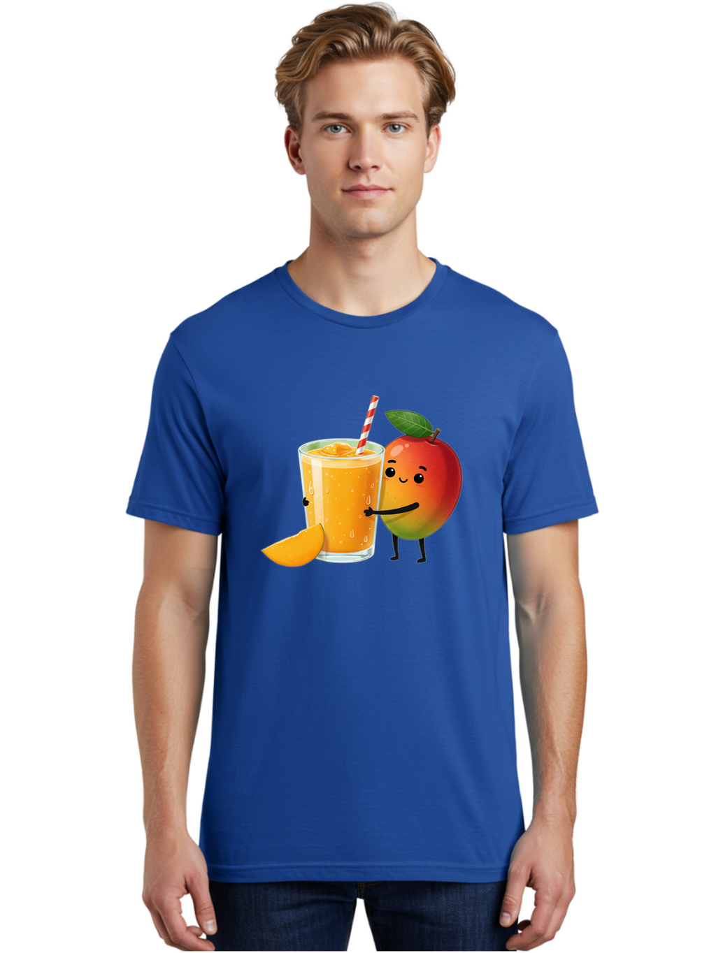 Mango-Juice Men'S Graphic Tee, 100% Cotton, Comfortable Casual Summer Wear, Machine Washable, Mango Juice, Cartoon Characters, Orange Juice, Fruit Juice, Healthy Drink, Refreshing Beverage, Smiling Mango, Cute Character, Orange Drink Bac150