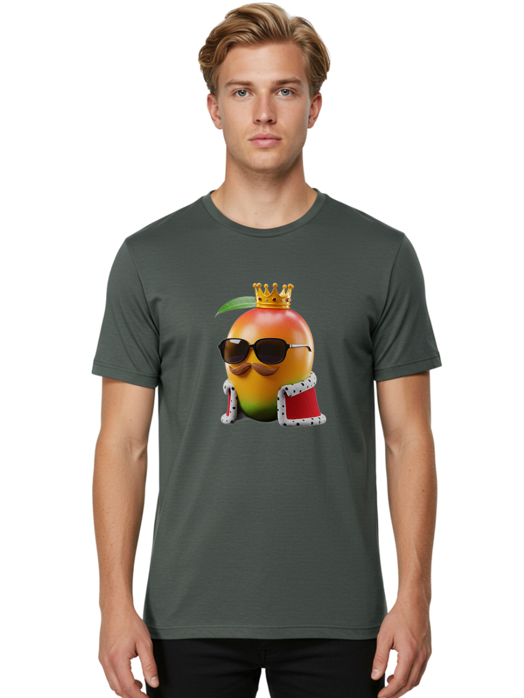 Mango-King Men'S Graphic Tee, 100% Cotton, Comfortable Casual Summer Wear, Machine Washable, Cartoon Mango Character, Mango With Sunglasses, Crown On Mango, Royal Treatment, Funny Fruit, Mango Illustration, Whimsical Design, Playful Art, Bac151
