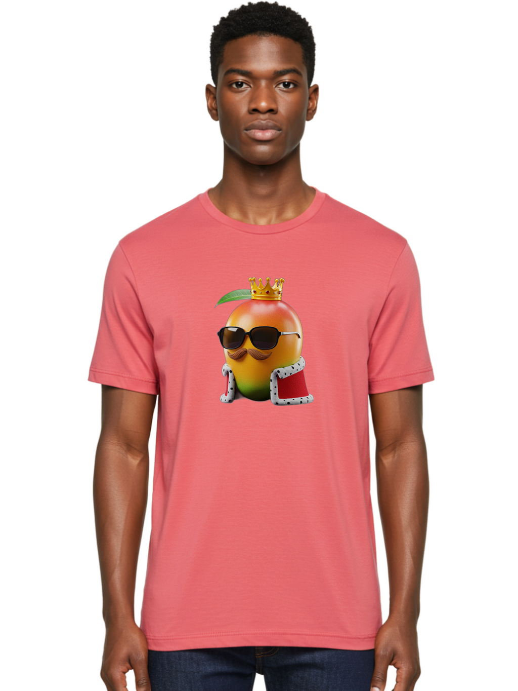 Mango-King Men'S Graphic Tee, 100% Cotton, Comfortable Casual Summer Wear, Machine Washable, Cartoon Mango Character, Mango With Sunglasses, Crown On Mango, Royal Treatment, Funny Fruit, Mango Illustration, Whimsical Design, Playful Art, Bac151