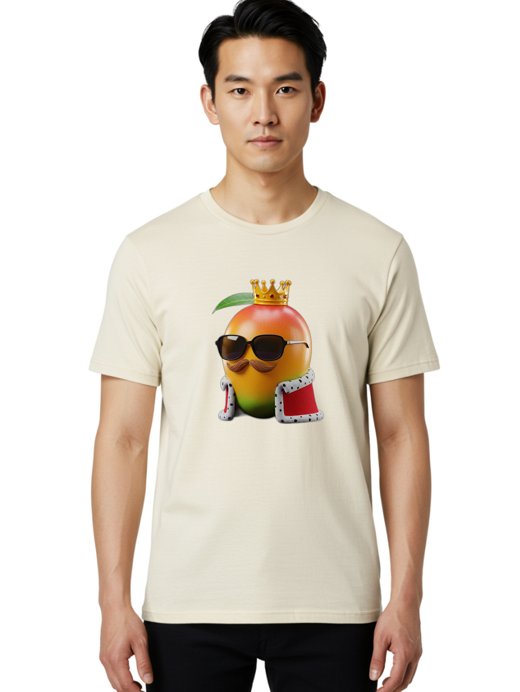Mango-King Men'S Graphic Tee, 100% Cotton, Comfortable Casual Summer Wear, Machine Washable, Cartoon Mango Character, Mango With Sunglasses, Crown On Mango, Royal Treatment, Funny Fruit, Mango Illustration, Whimsical Design, Playful Art, Bac151