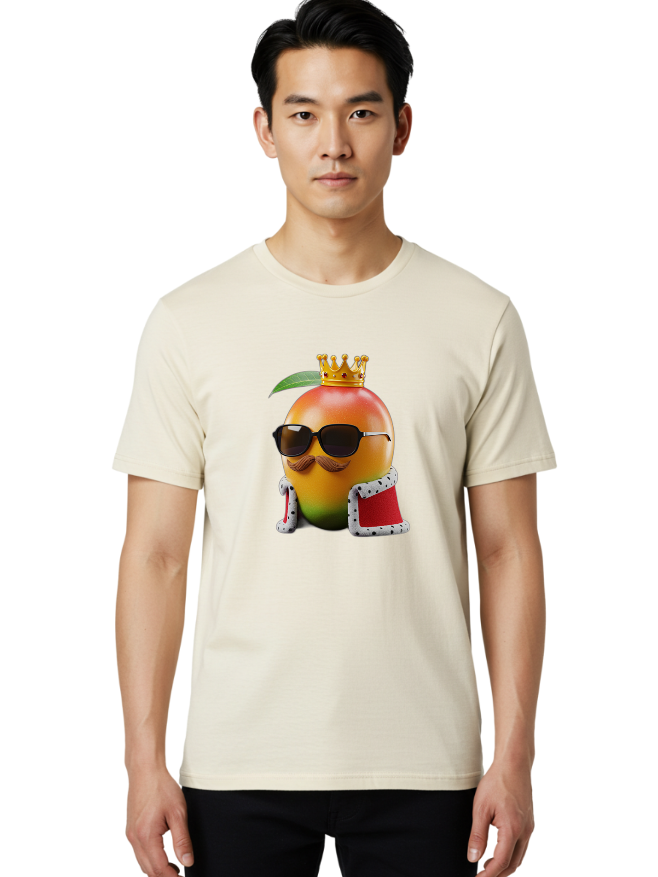 Mango-King Men'S Graphic Tee, 100% Cotton, Comfortable Casual Summer Wear, Machine Washable, Cartoon Mango Character, Mango With Sunglasses, Crown On Mango, Royal Treatment, Funny Fruit, Mango Illustration, Whimsical Design, Playful Art, Bac151